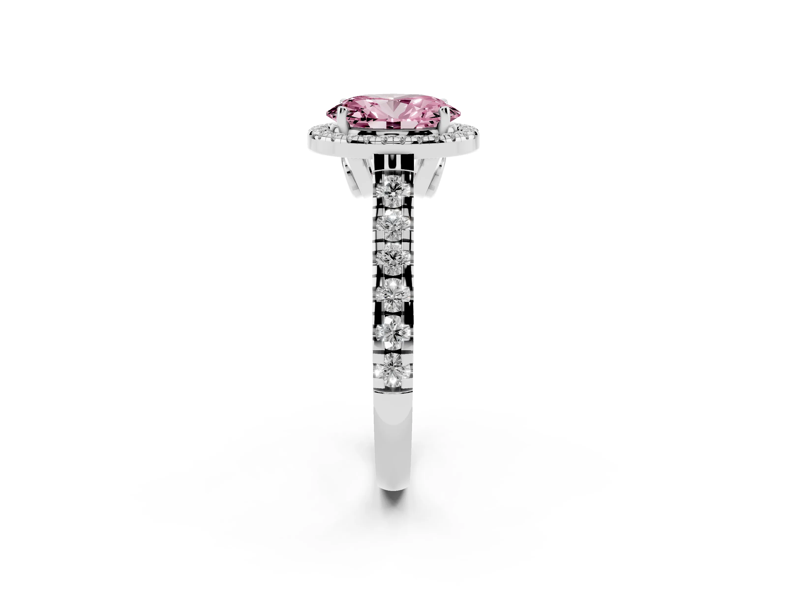Fancy Pink Oval Cut Diamond Halo Engagement Ring Set in Platinum with Pavé Band and Prong-Set Center