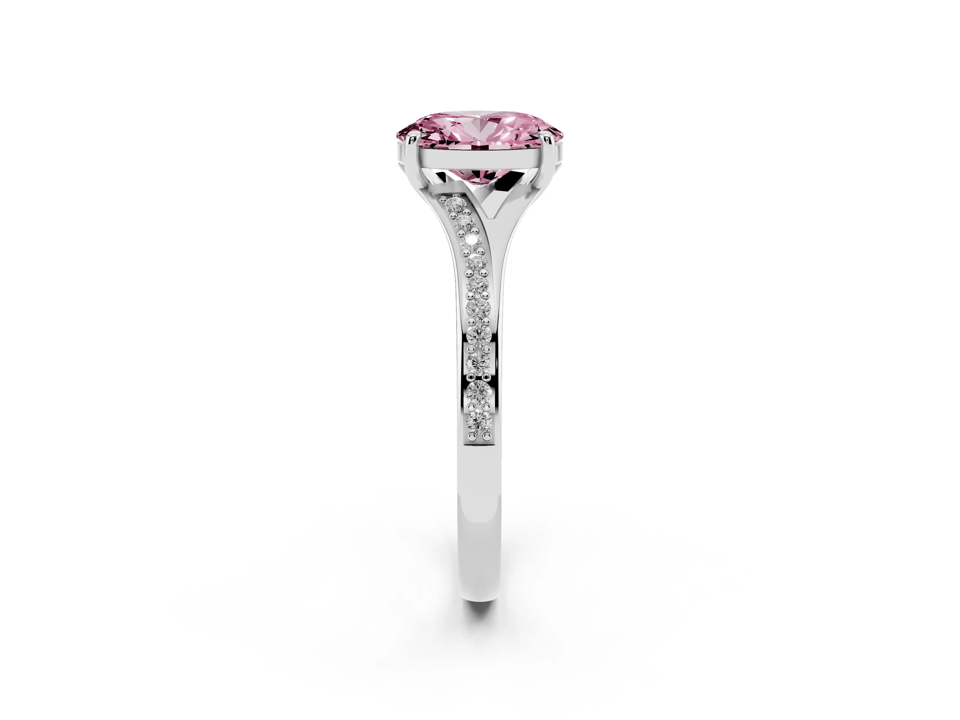 Fancy Pink Oval Cut Diamond Solitaire Ring Set in Platinum with Pavé Accent Band and Classic Prong Setting