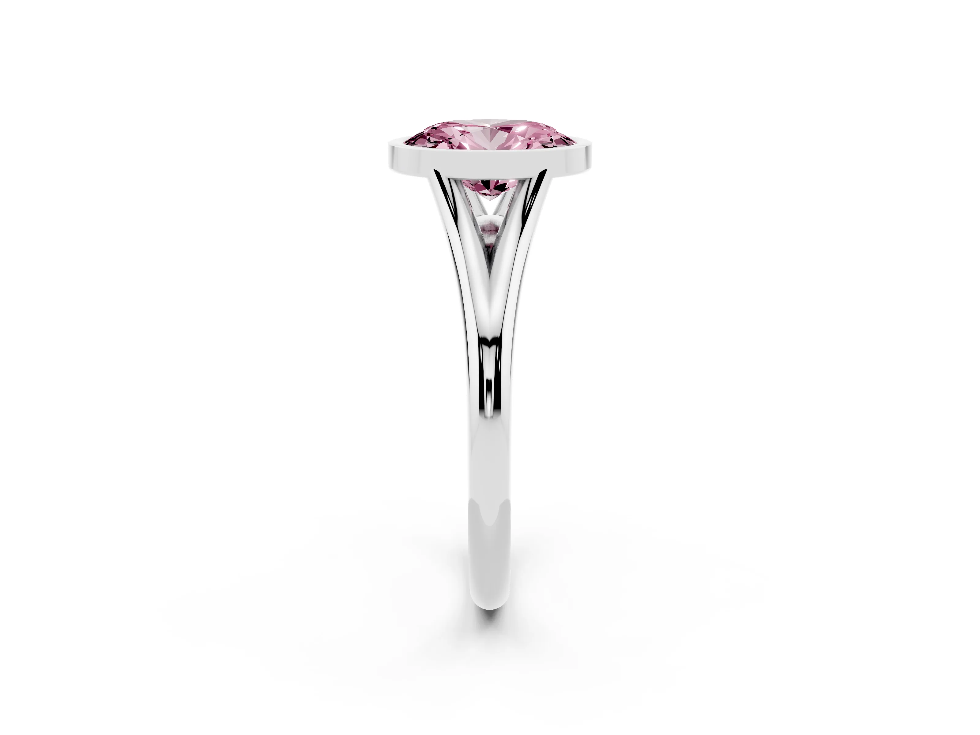 Fancy Pink Bezel Set Oval Cut Diamond Solitaire Ring Set in Silver with Tapered Band