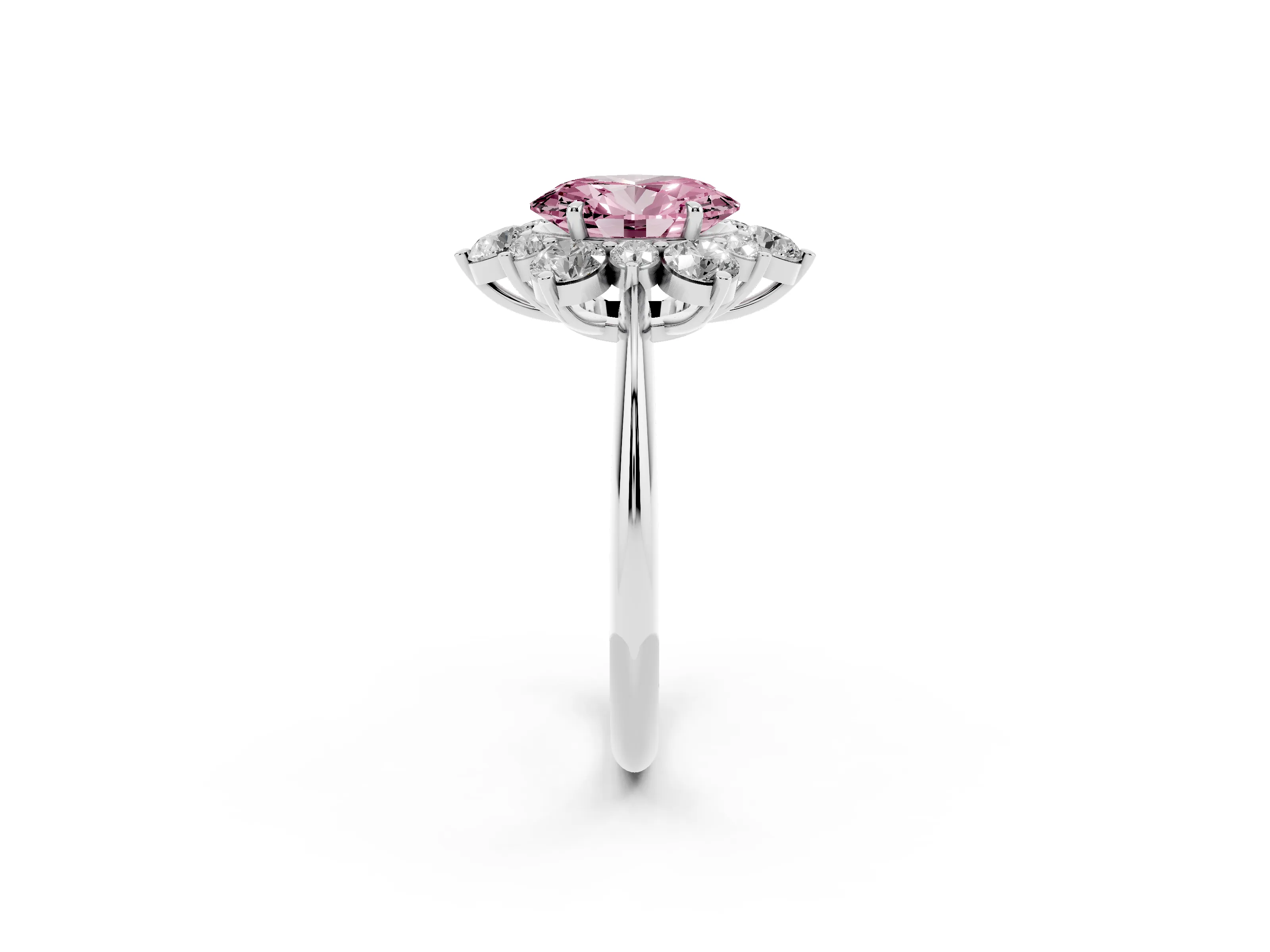 Fancy Pink Oval Cut Diamond Cluster Halo Ring Set in Silver with Solitaire Band and Prong Setting