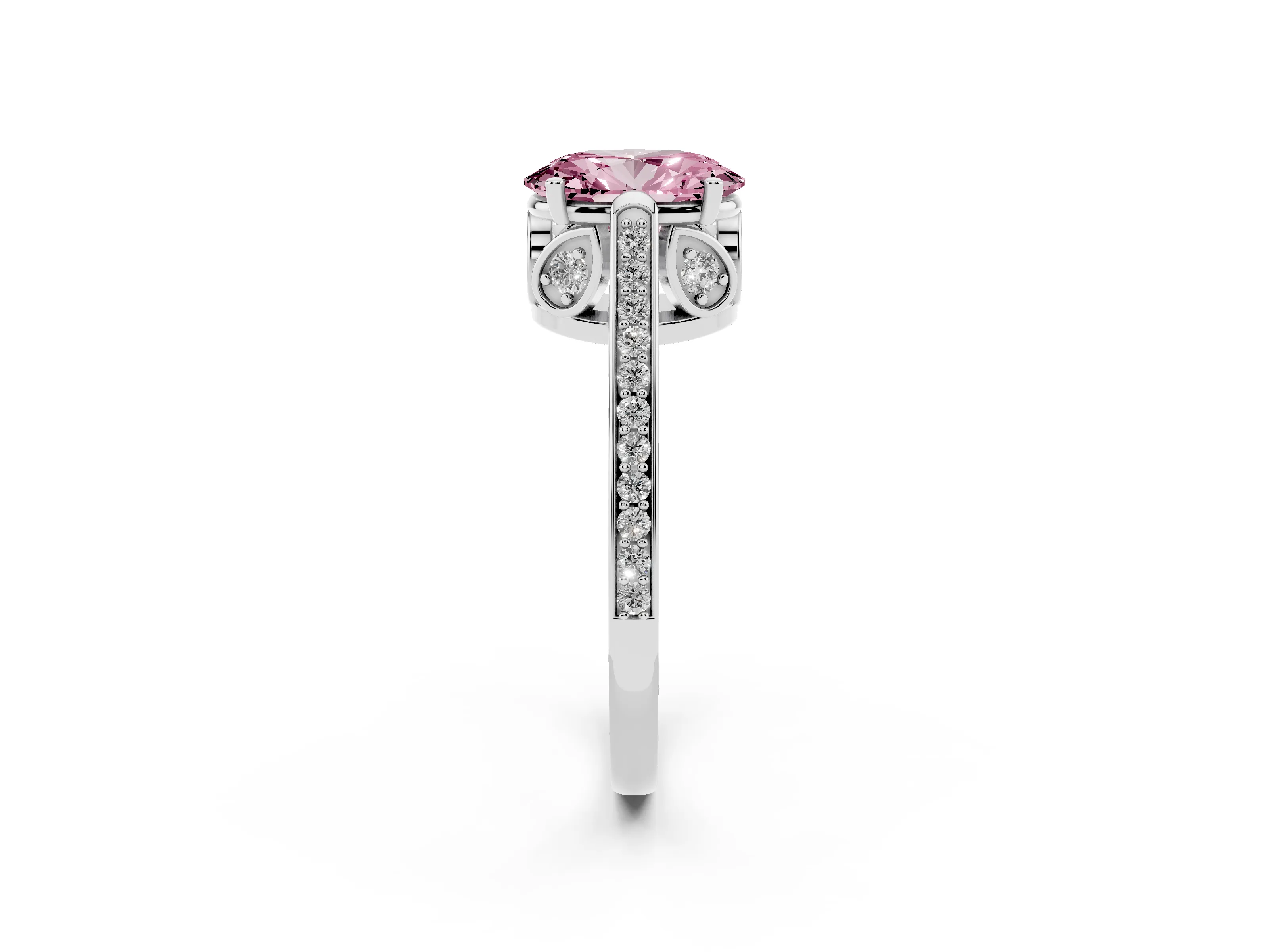 Fancy Pink Oval Cut Diamond Cathedral Pavé Engagement Ring Set in Silver with Prong Setting
