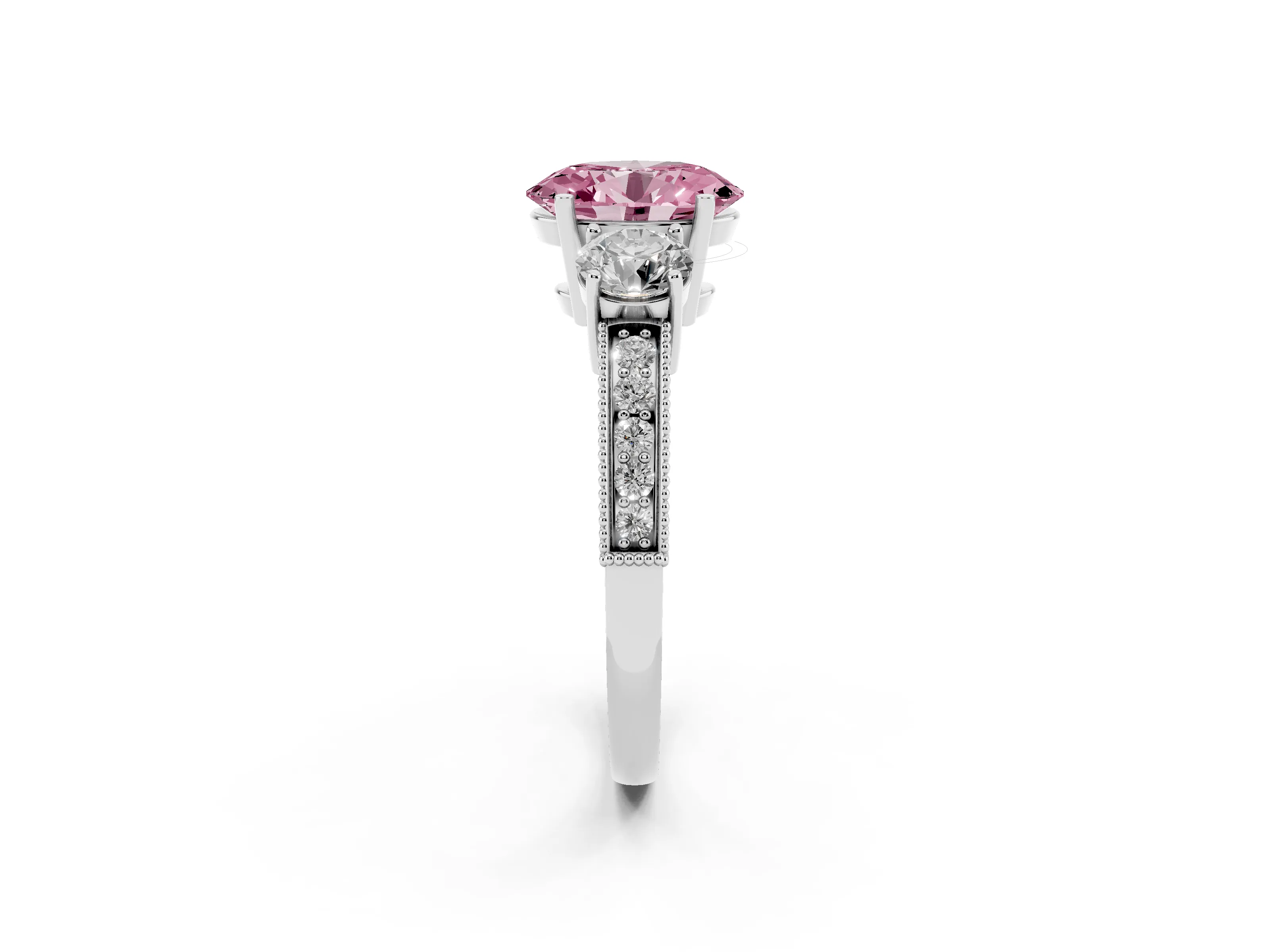 Fancy Pink Oval Cut Diamond Three-Stone Ring Set in Silver with Round Side Stones and Pavé Band