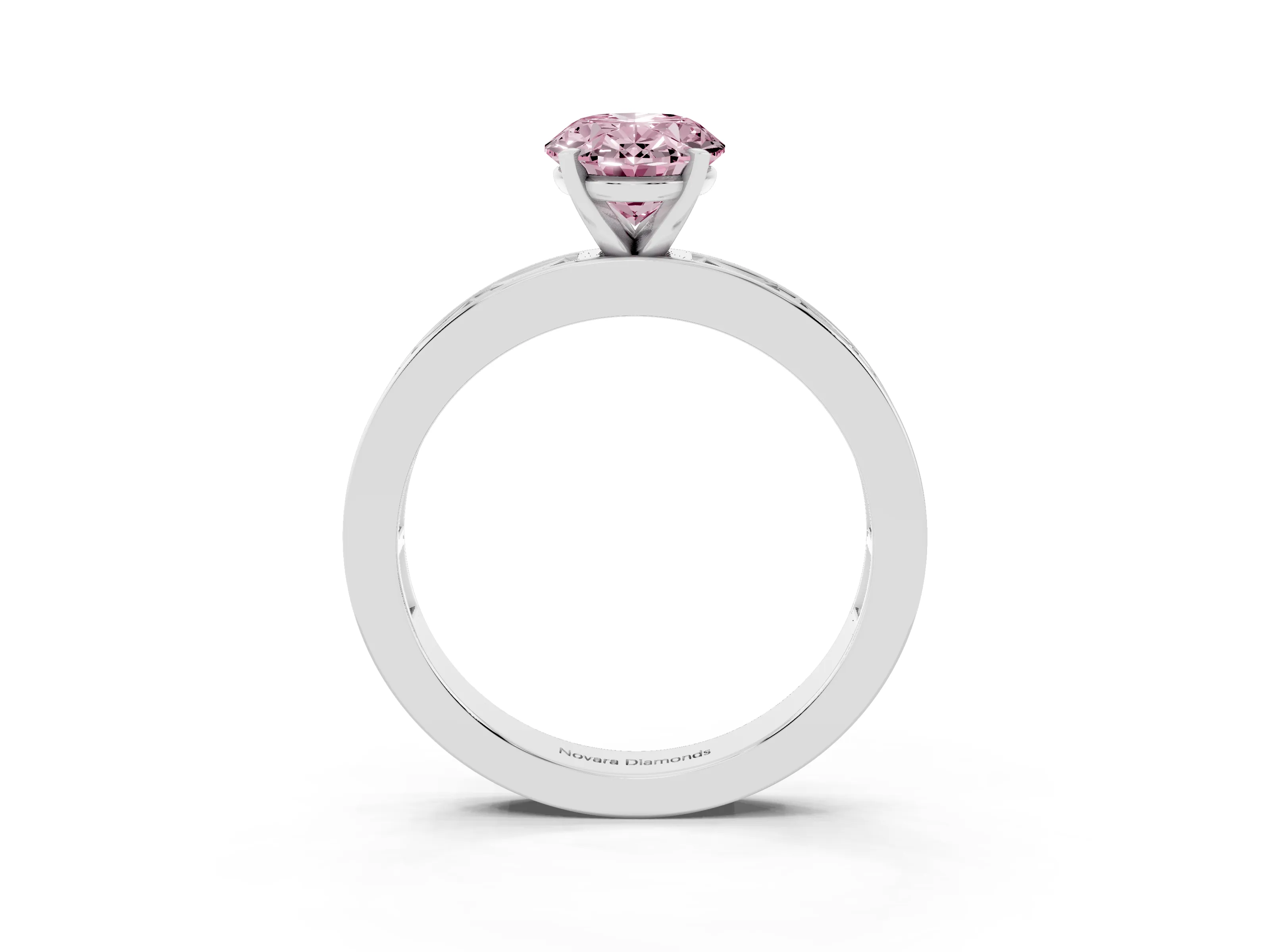 Fancy Pink Oval Cut Diamond Solitaire Ring Set in Platinum with Channel-Set Baguette Band and Prong Setting