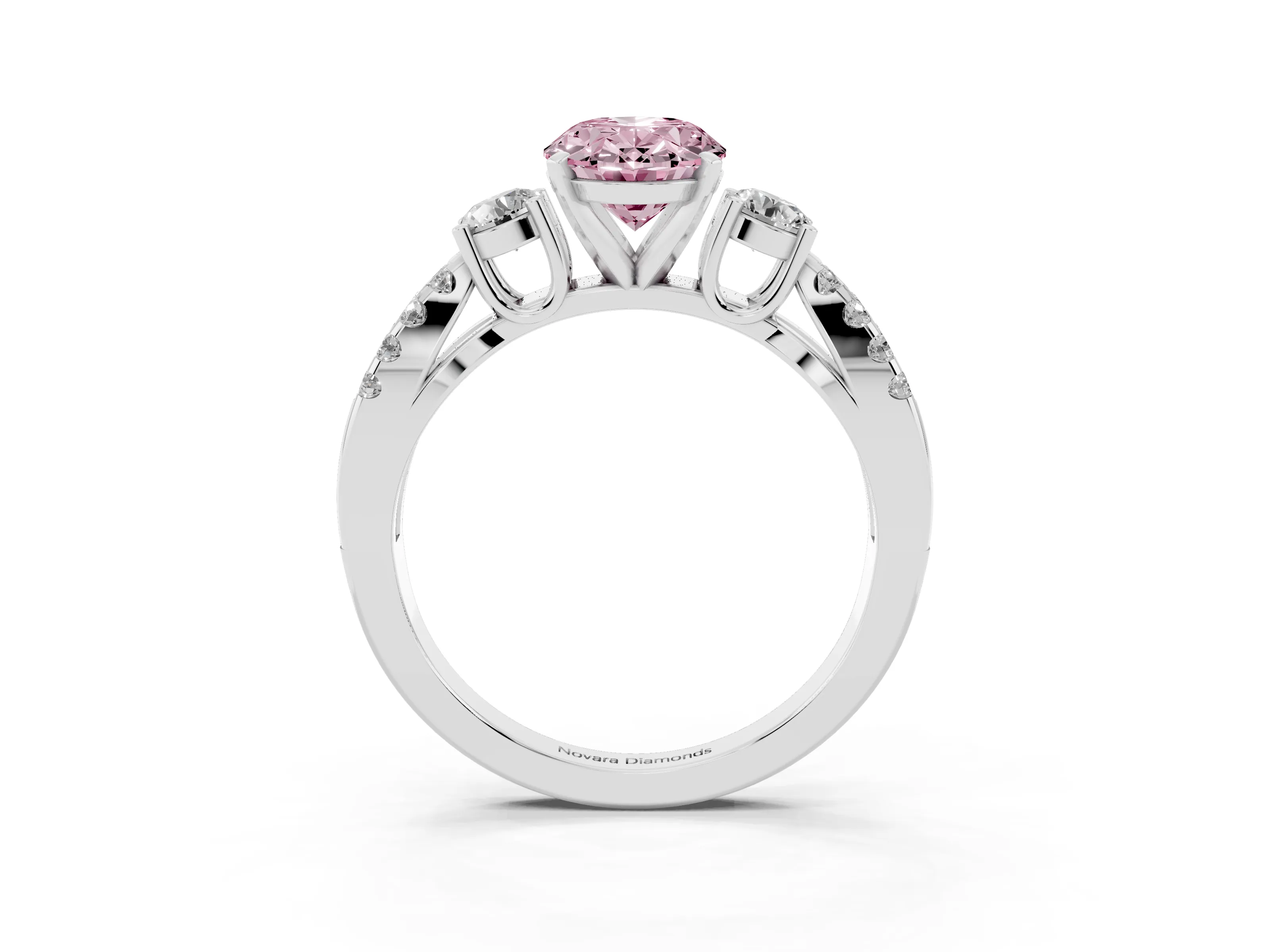 Fancy Pink Oval Cut Diamond Three-Stone Ring Set in White gold with Pavé Split Shank and Prong Setting
