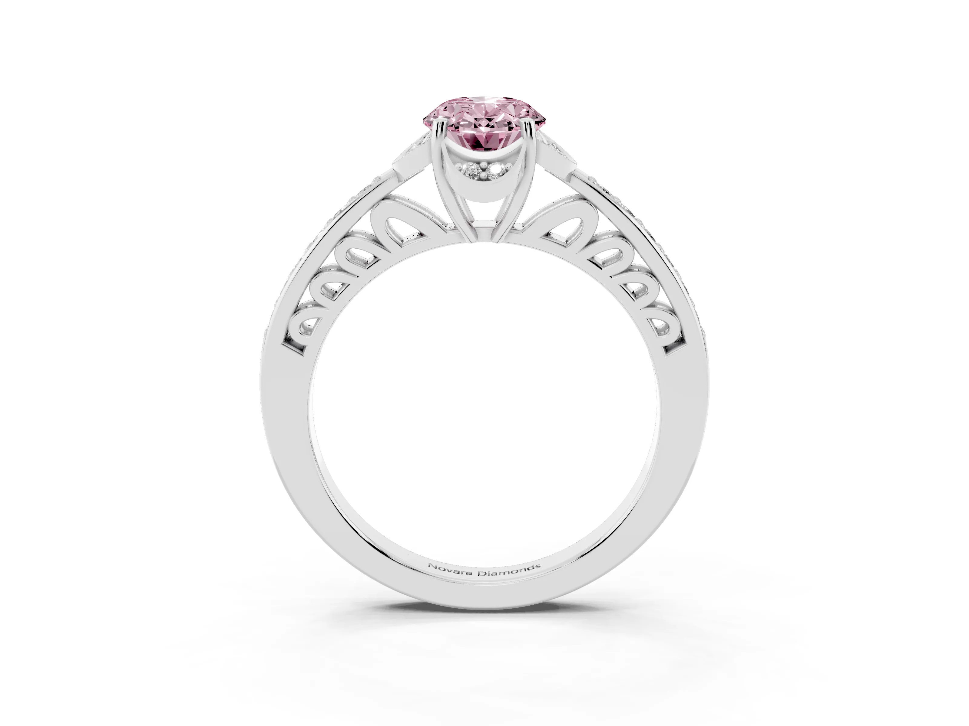 Fancy Pink Oval Cut Diamond Halo Ring Set in Silver with Channel Set Band and Prong Setting