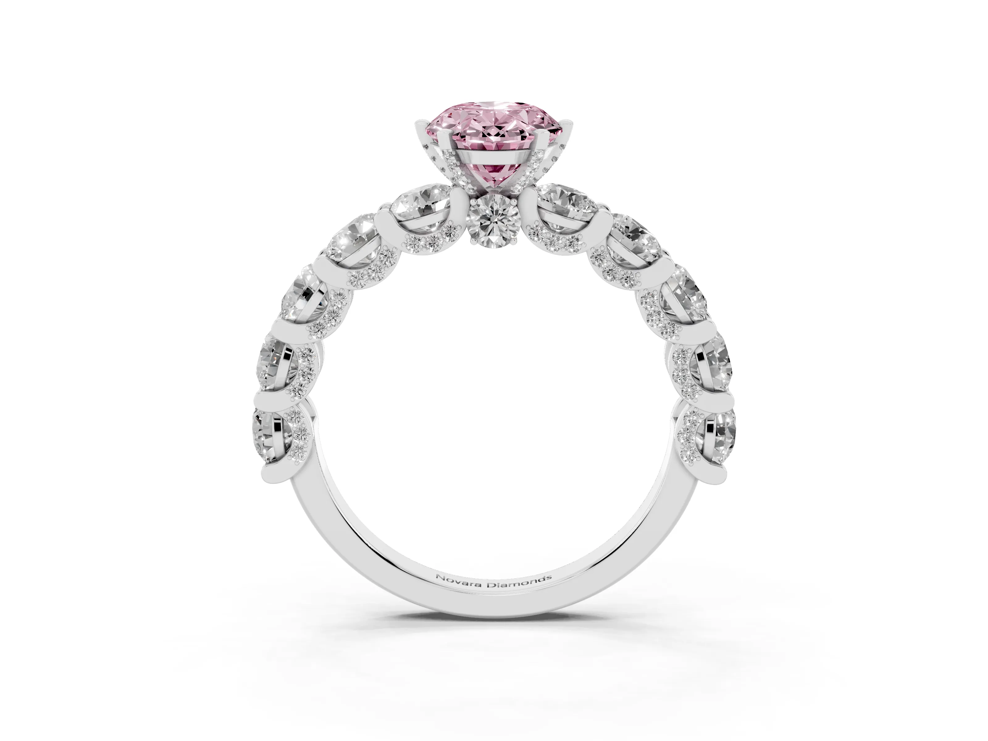 Fancy Pink Oval Cut Diamond Side Stone Ring Set in Platinum with Alternating Round and Oval Side Stones