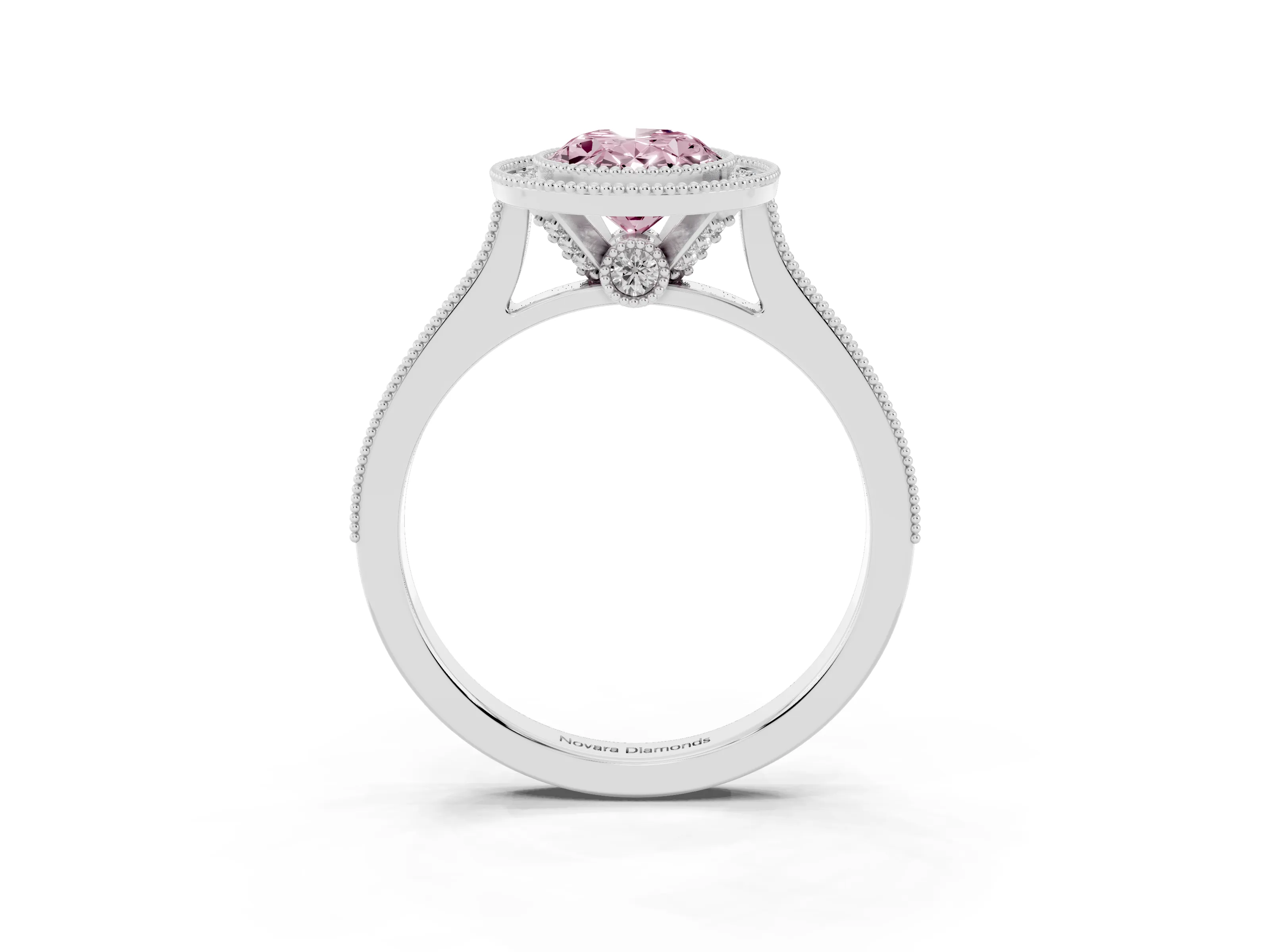 Fancy Pink Oval Cut Diamond Halo Milgrain Pavé Band Ring Set in Silver with Prong Setting