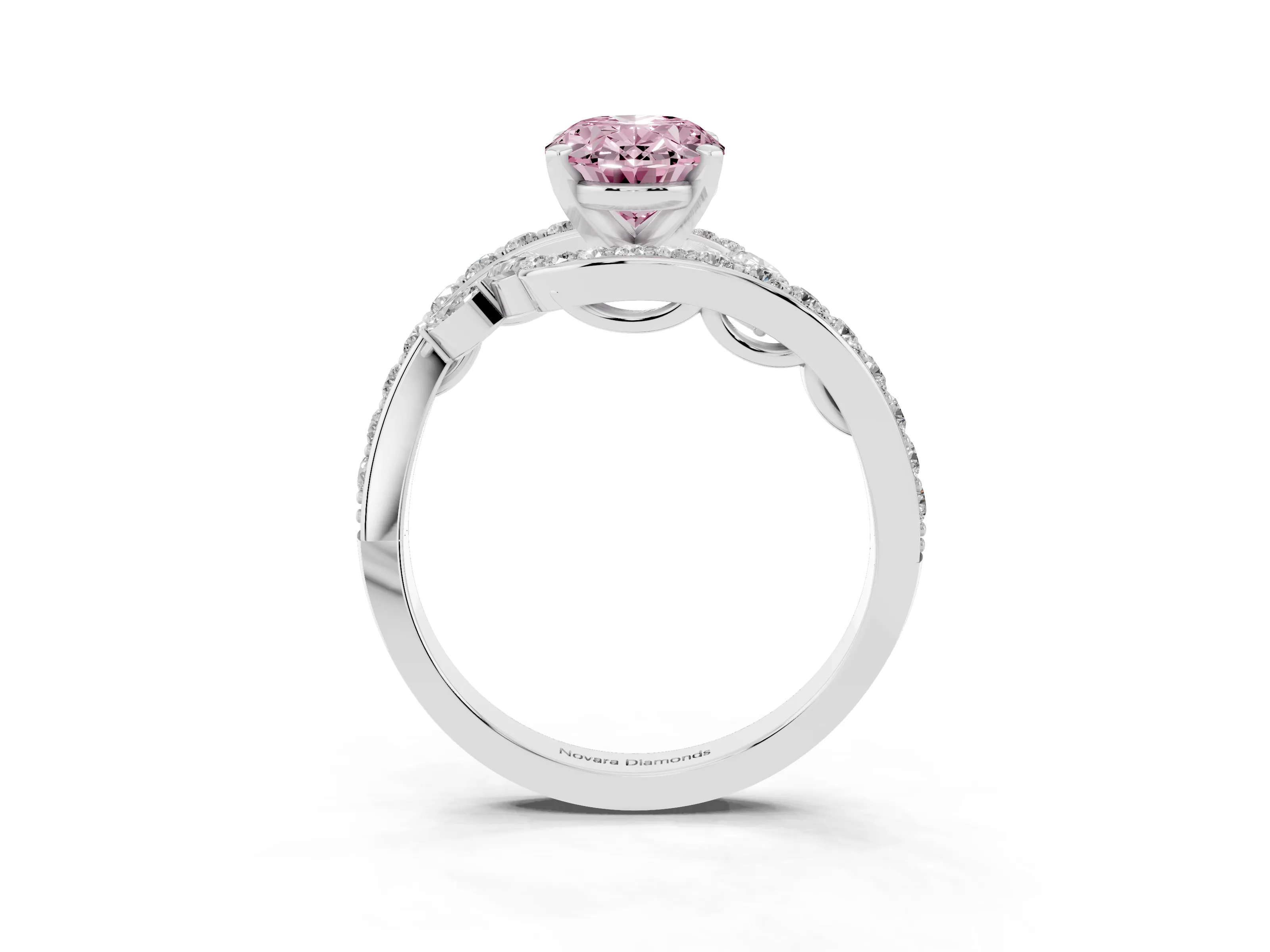 Fancy Pink Oval Cut Diamond Solitaire Ring Set in Silver with Pavé Twist Band and Secure Prong Setting