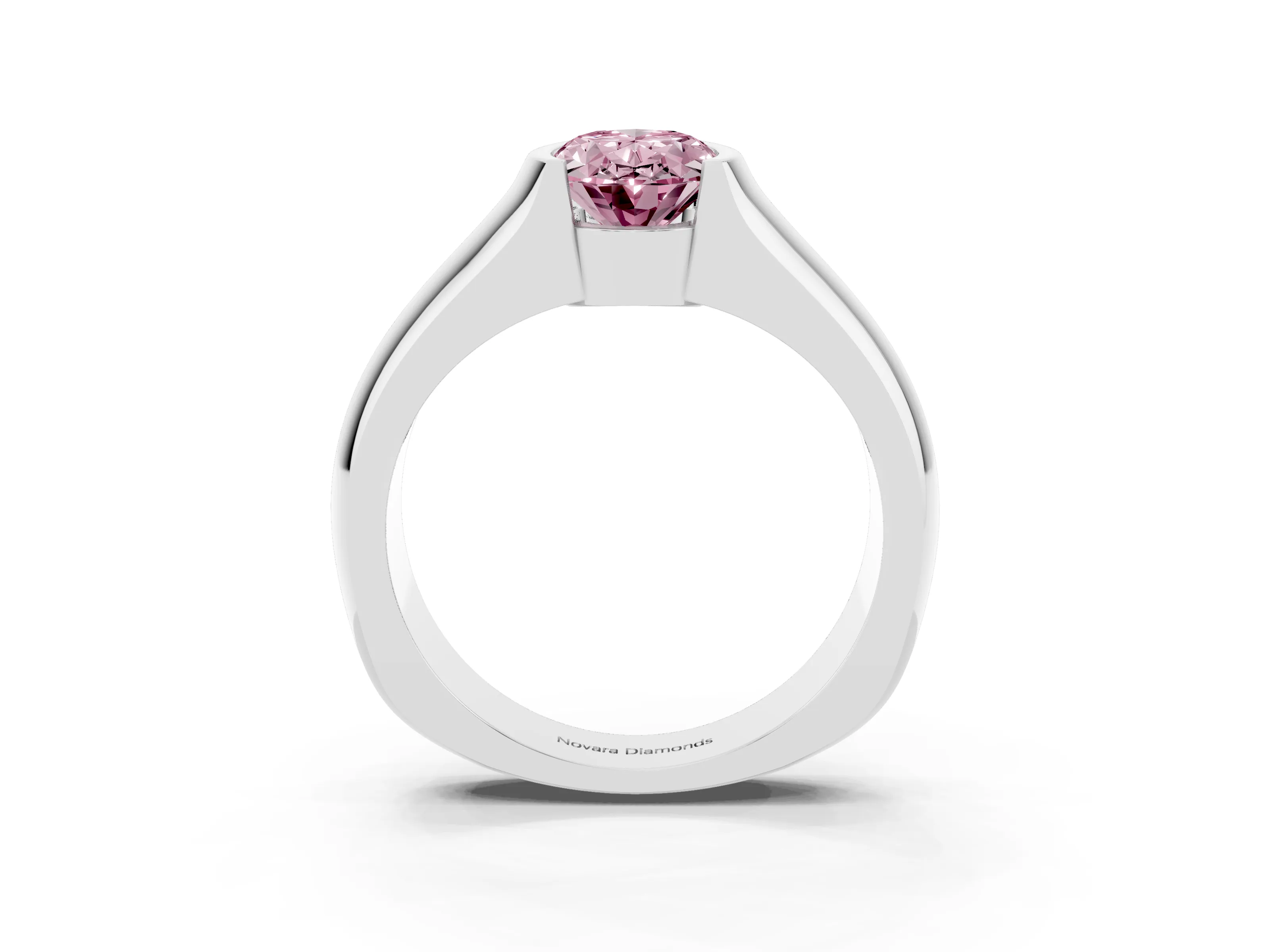 Fancy Pink Oval Cut Diamond Bezel Solitaire Ring Set in White gold with Wide Band