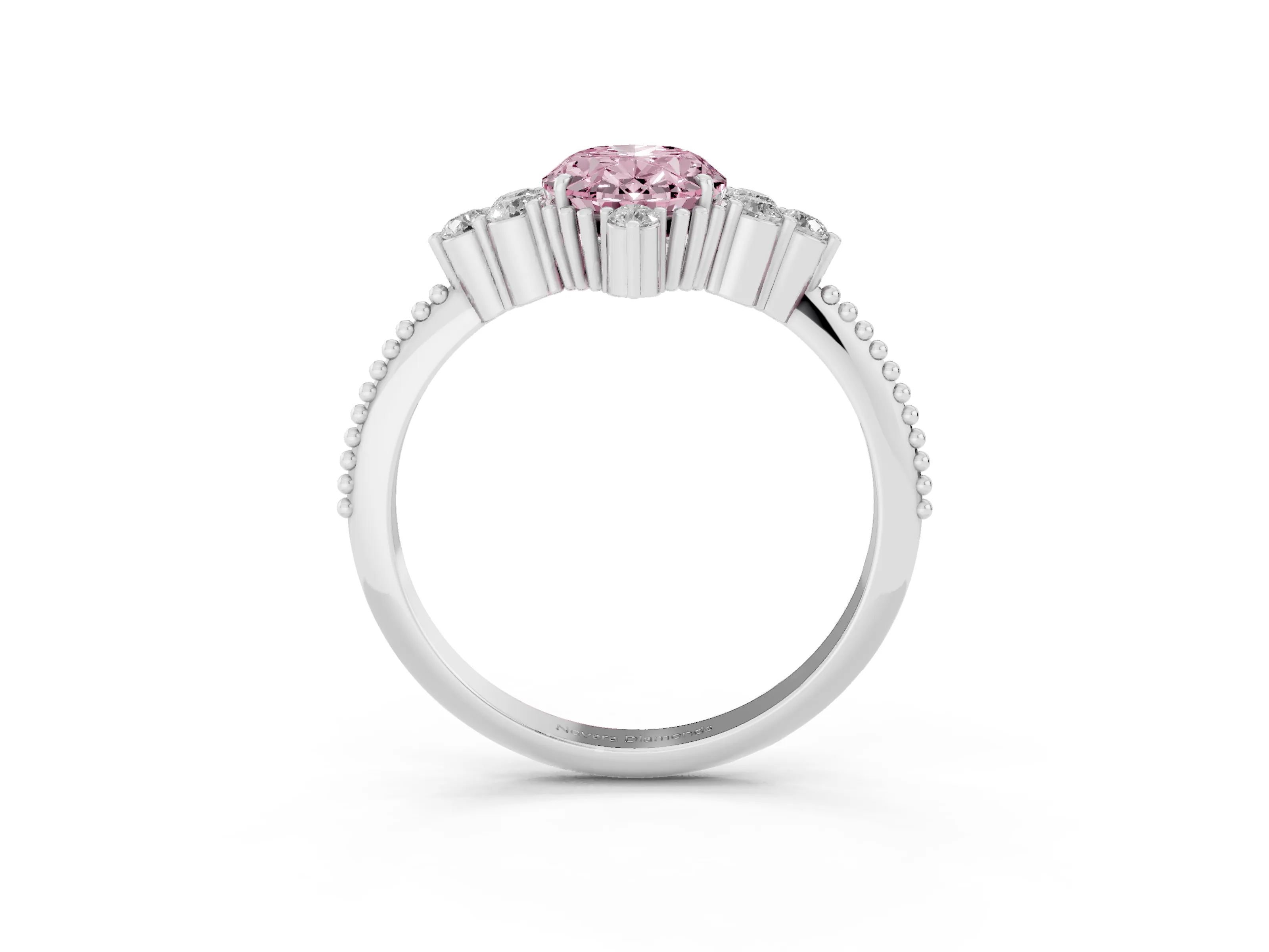 Fancy Pink Oval Cut Diamond Cluster Ring Set in Silver with Beaded Band