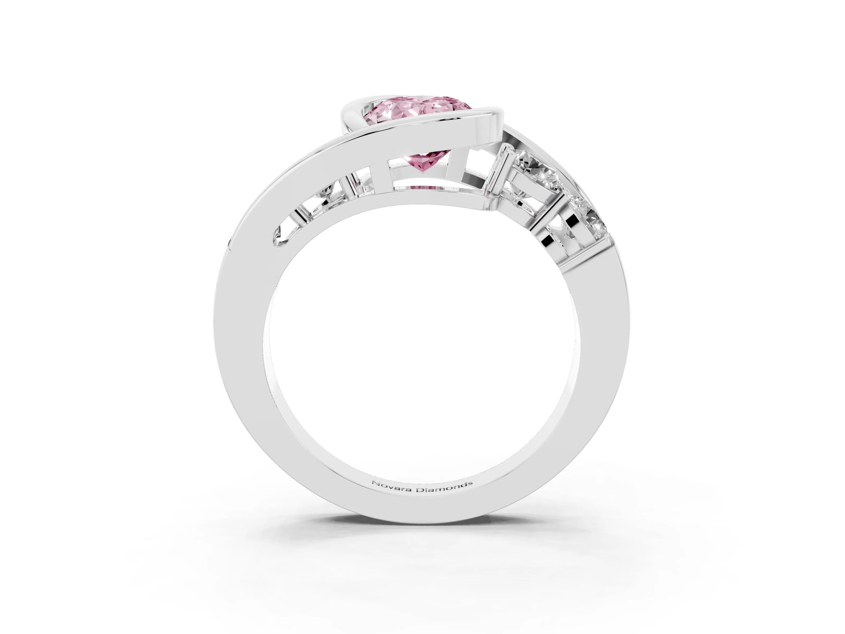 Fancy Pink Oval Cut Diamond Bezel Bypass Ring Set in Silver with Round Accents
