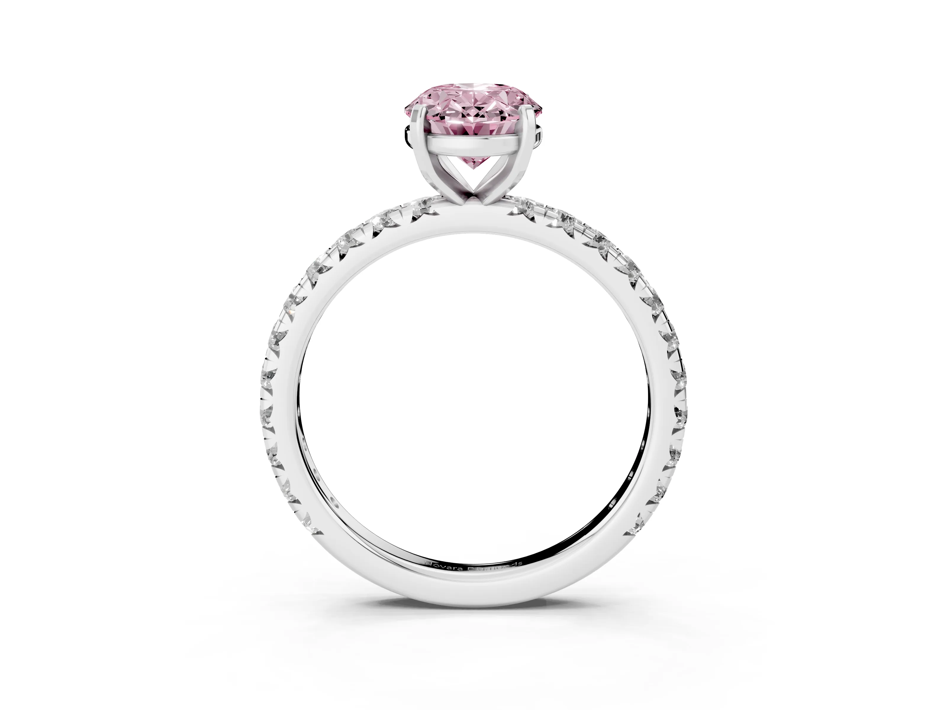 Fancy Pink Oval Cut Diamond Pavé Solitaire Ring Set in Platinum with Round Band and Prong Setting