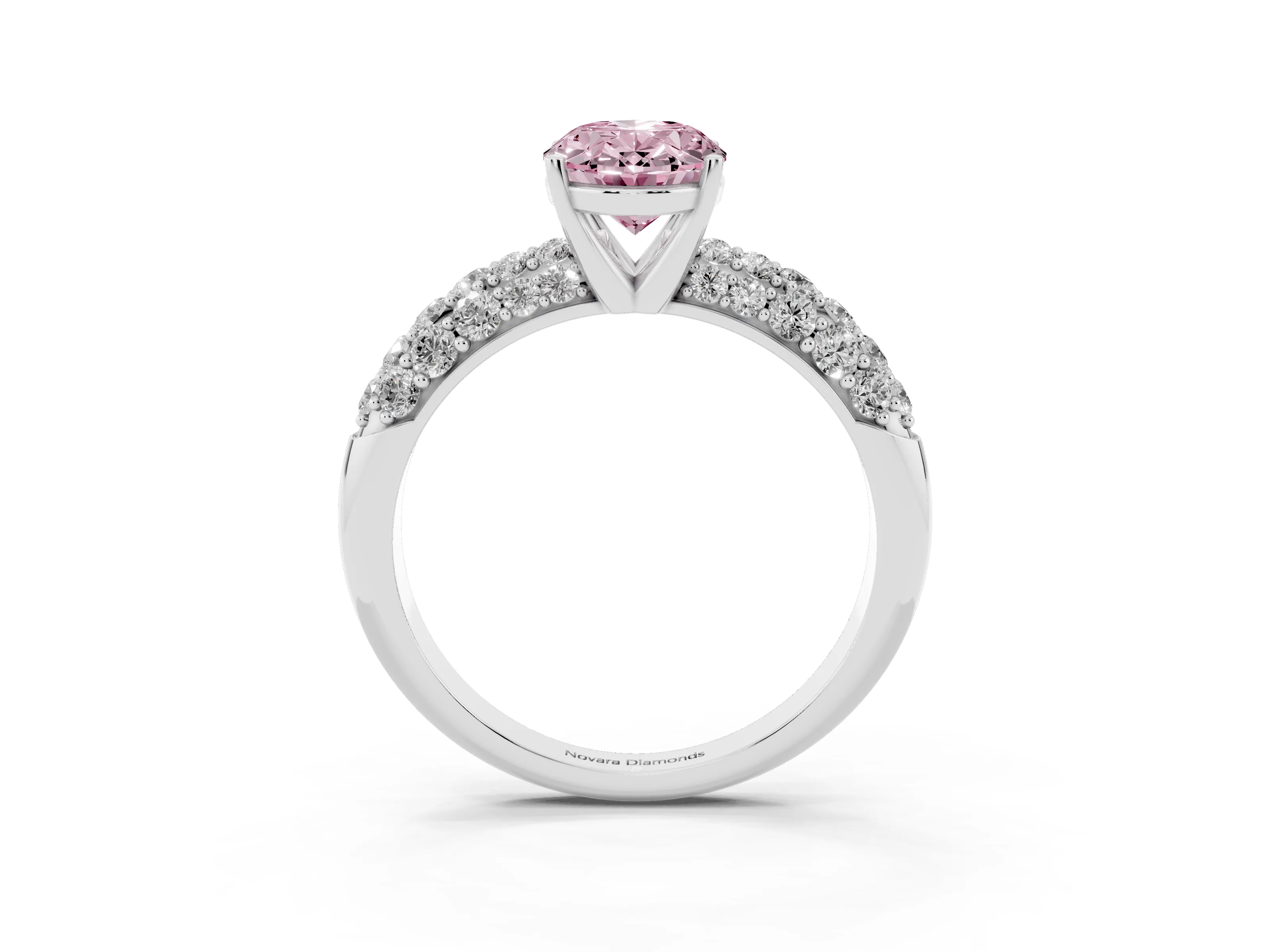 Fancy Pink Oval Cut Diamond Pavé Band Solitaire Ring Set in White gold with Close-Set Accent Stones and Prong Setting