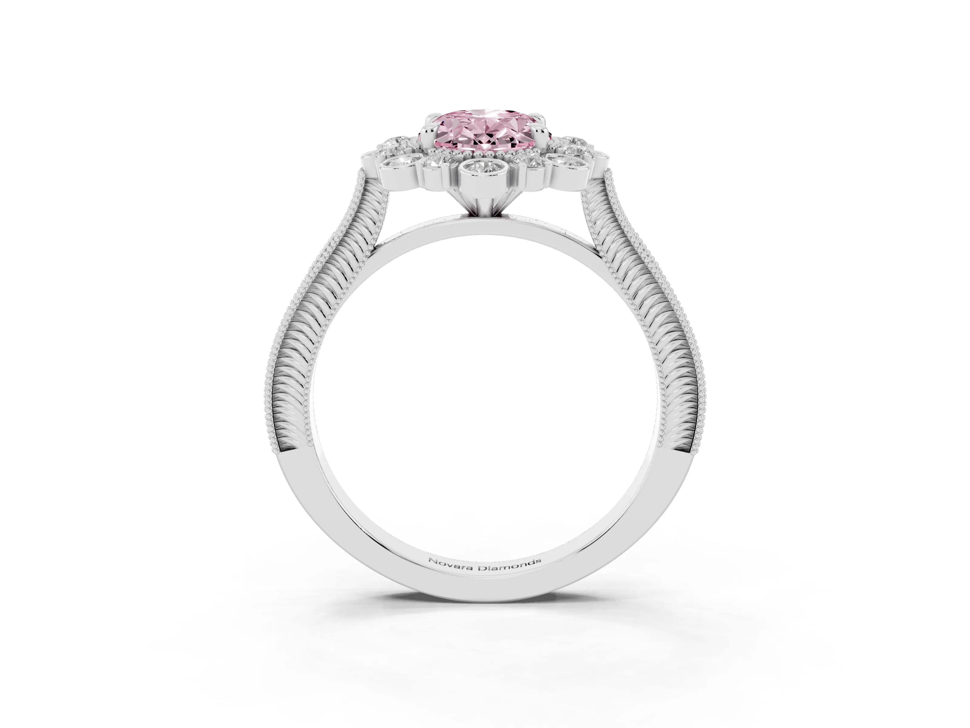Fancy Pink Oval Cut Diamond Halo Milgrain Pavé Ring Set in Silver with Prong Setting