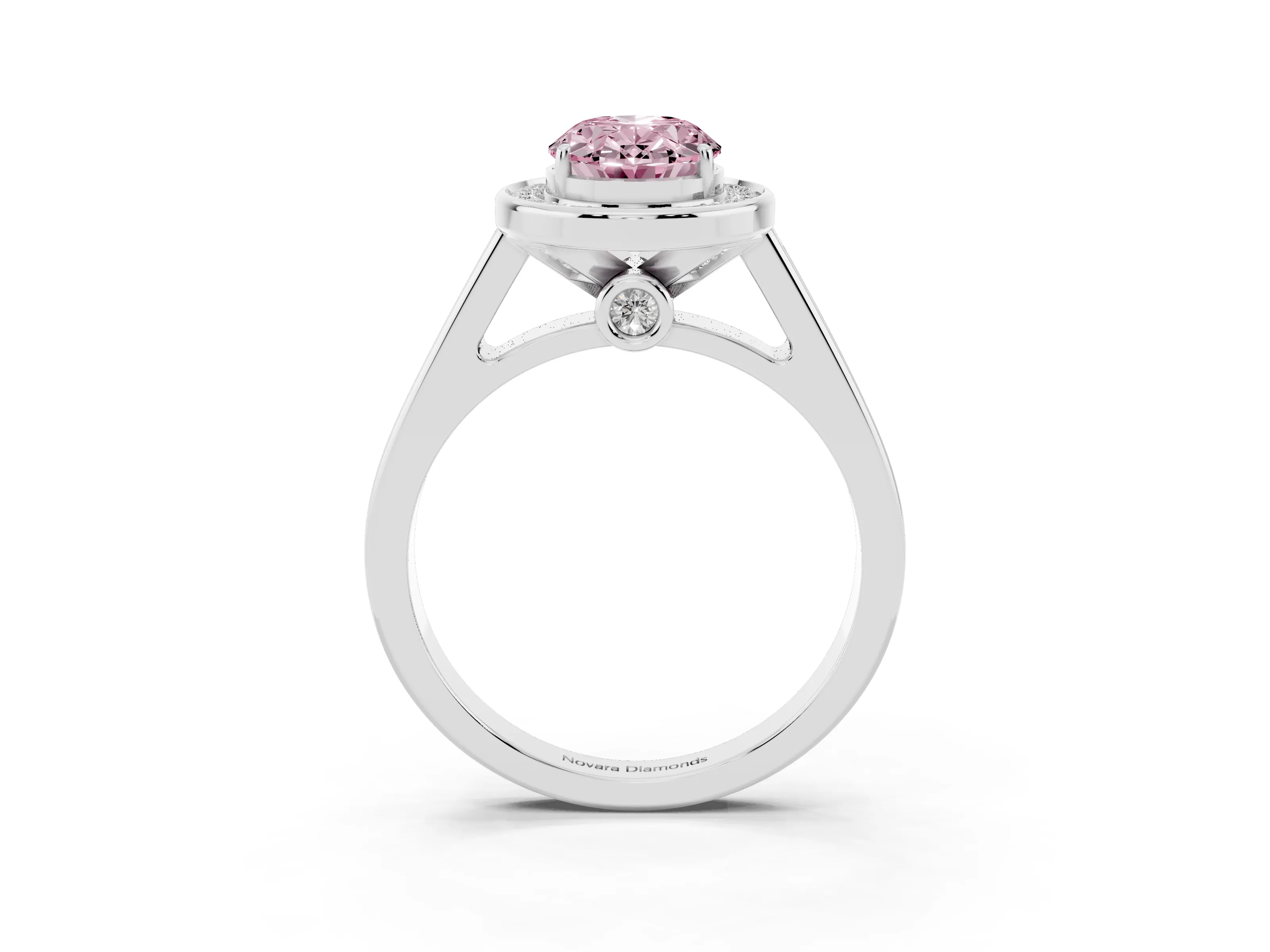 Fancy Pink Oval Cut Diamond Halo Solitaire Ring Set in White gold with Pavé Band and Bezel Setting