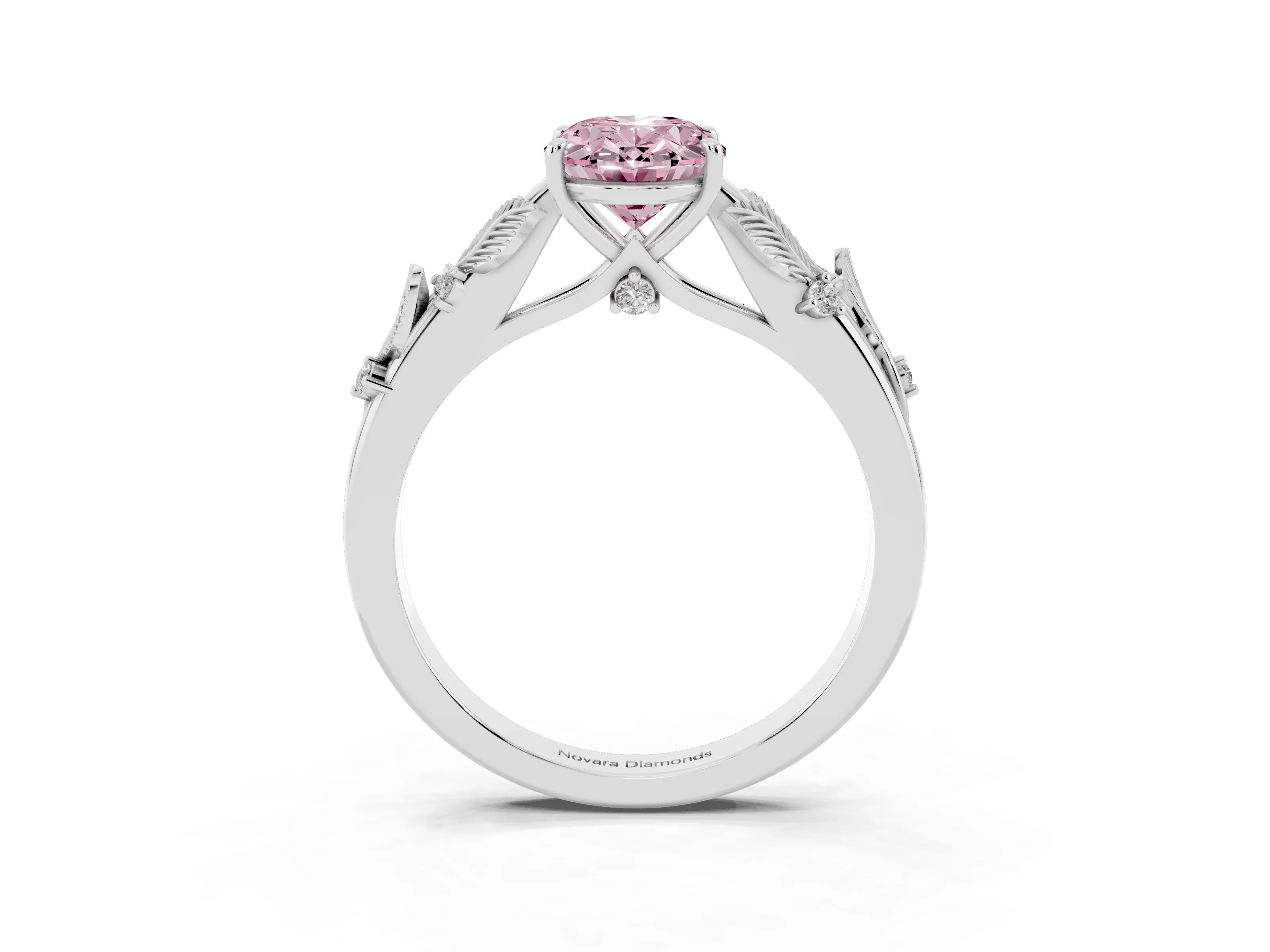 Fancy Pink Oval Cut Diamond Solitaire Ring Set in White gold with Leaf Motif Band