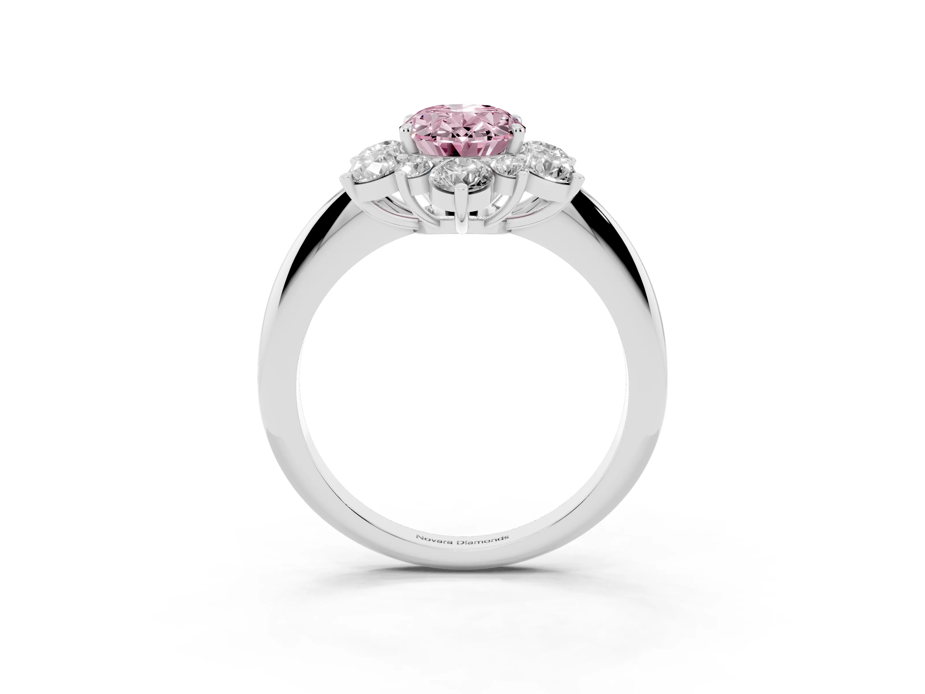 Fancy Pink Oval Cut Diamond Cluster Halo Ring Set in Silver with Solitaire Band and Prong Setting