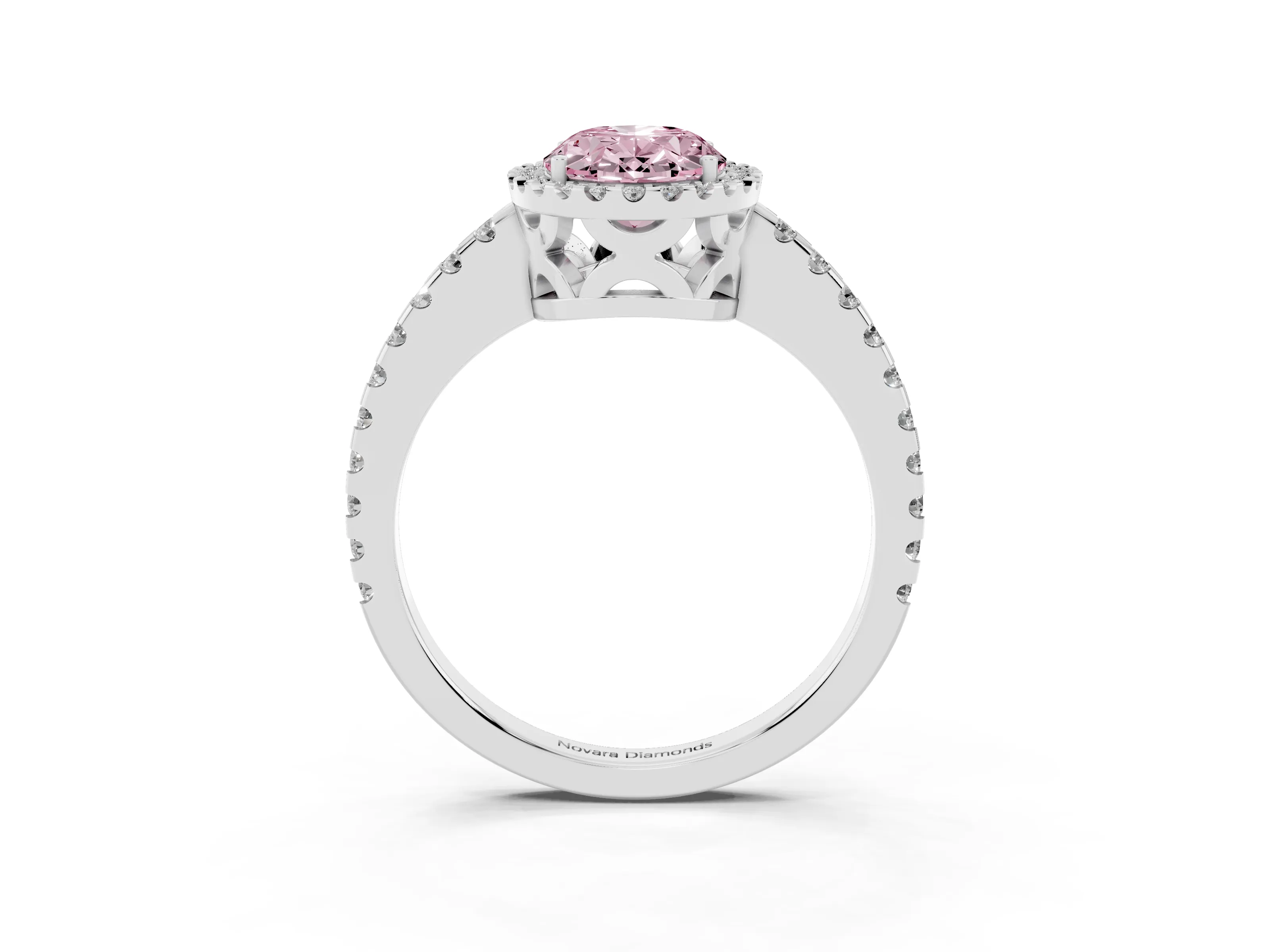 Fancy Pink Oval Cut Diamond Halo Ring Set in Silver with Pavé Shoulders and Halo-Framed Center