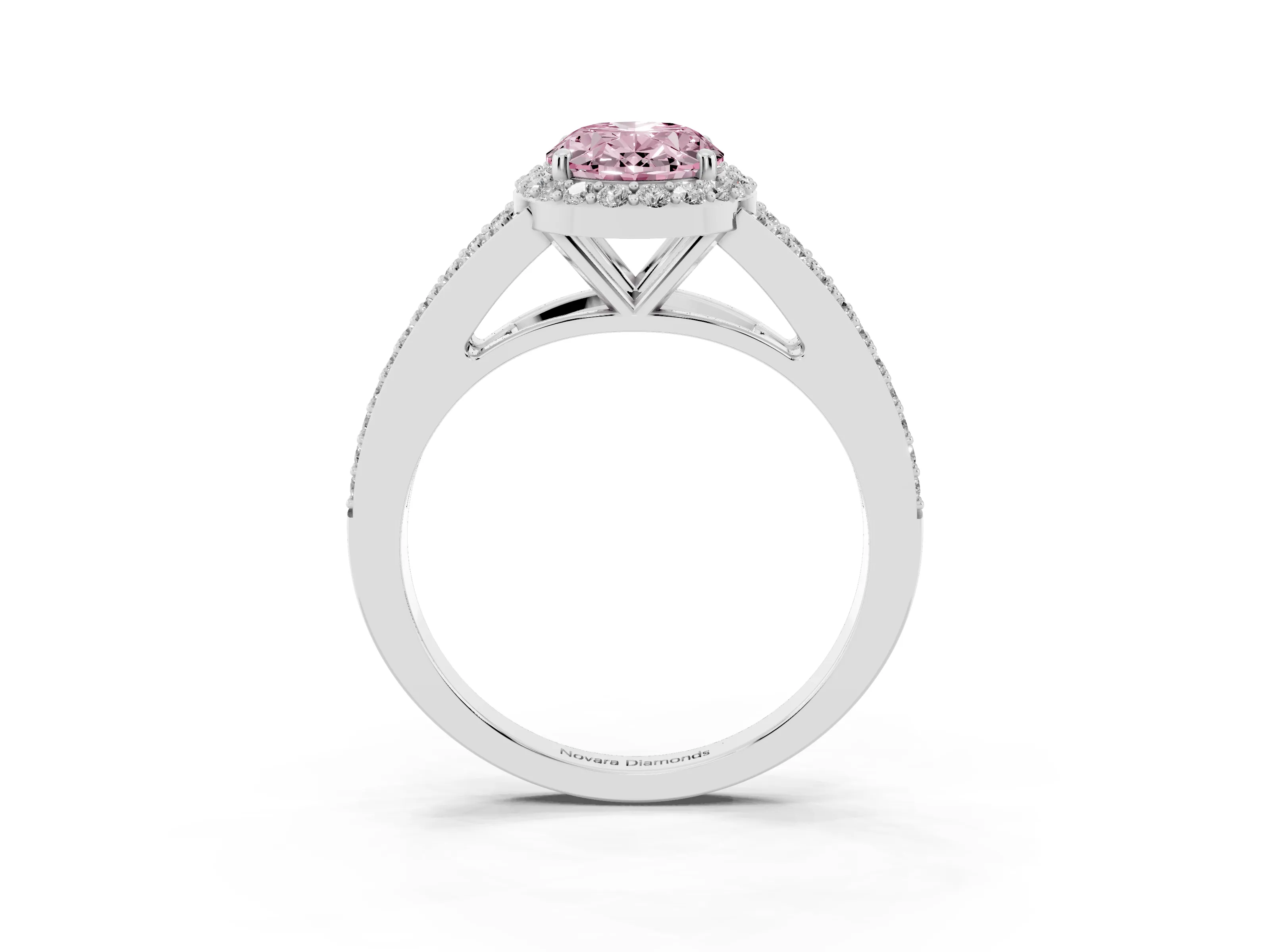Fancy Pink Oval Cut Diamond Halo Split Shank Ring Set in White gold with Accent Stones and Prong Setting