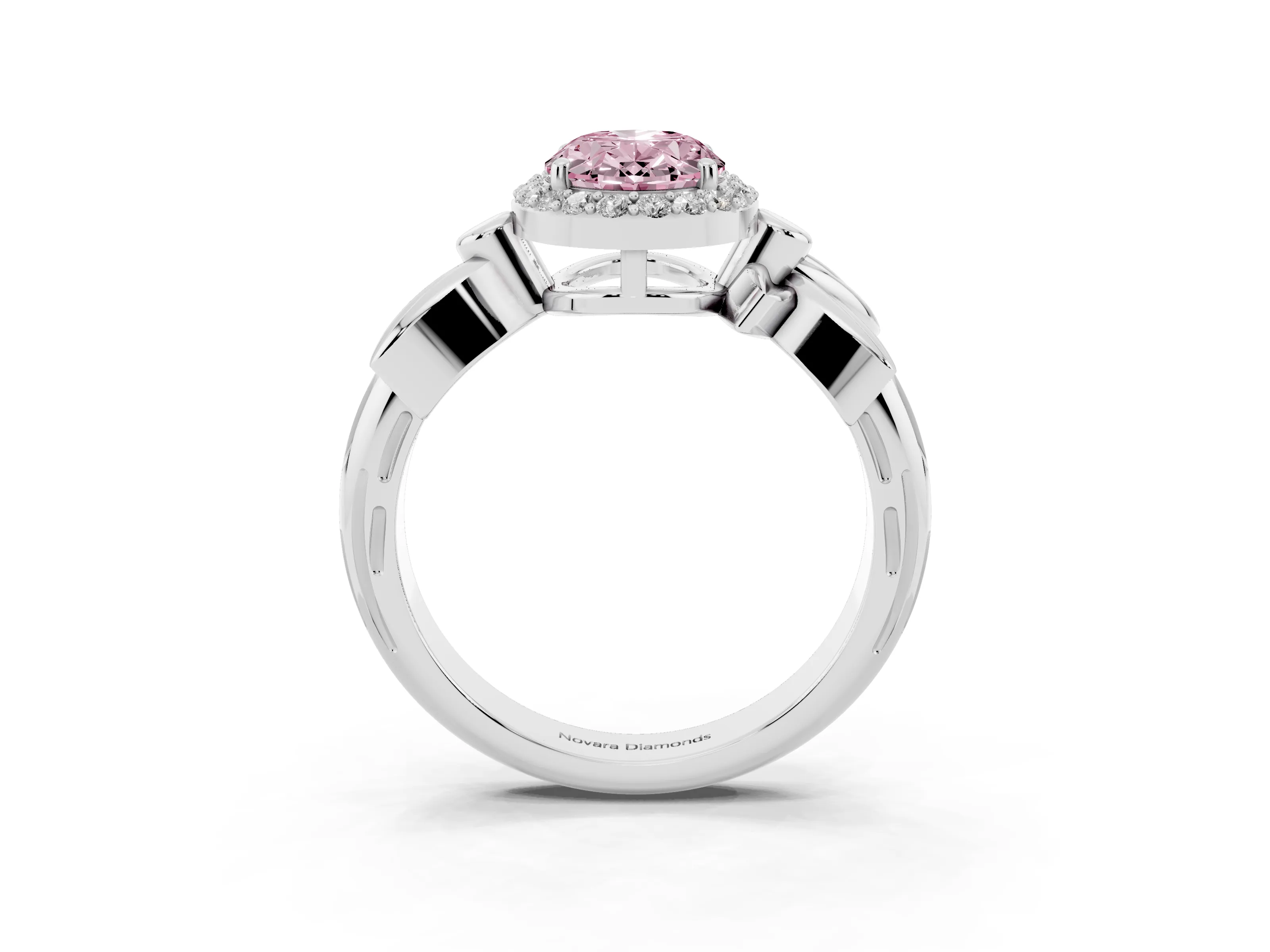 Fancy Pink Oval Cut Diamond Halo Floral Band Ring Set in Platinum with Prong Setting