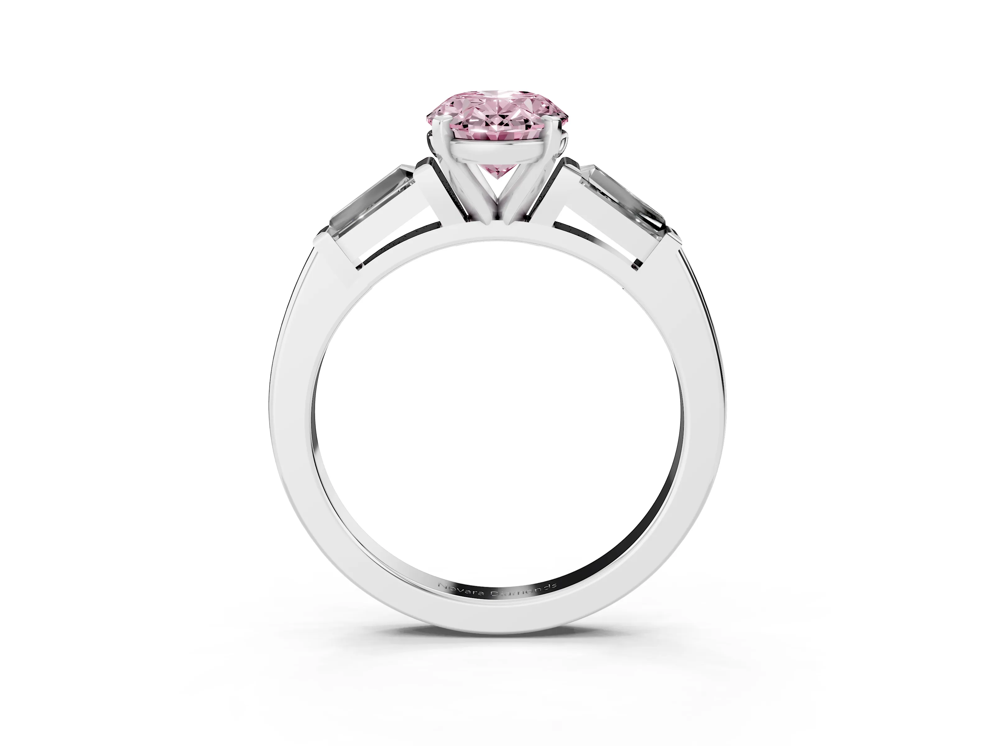 Fancy Pink Oval Cut Diamond Solitaire Ring Set in Platinum with Tapered Baguette Side Stones and Prong Setting