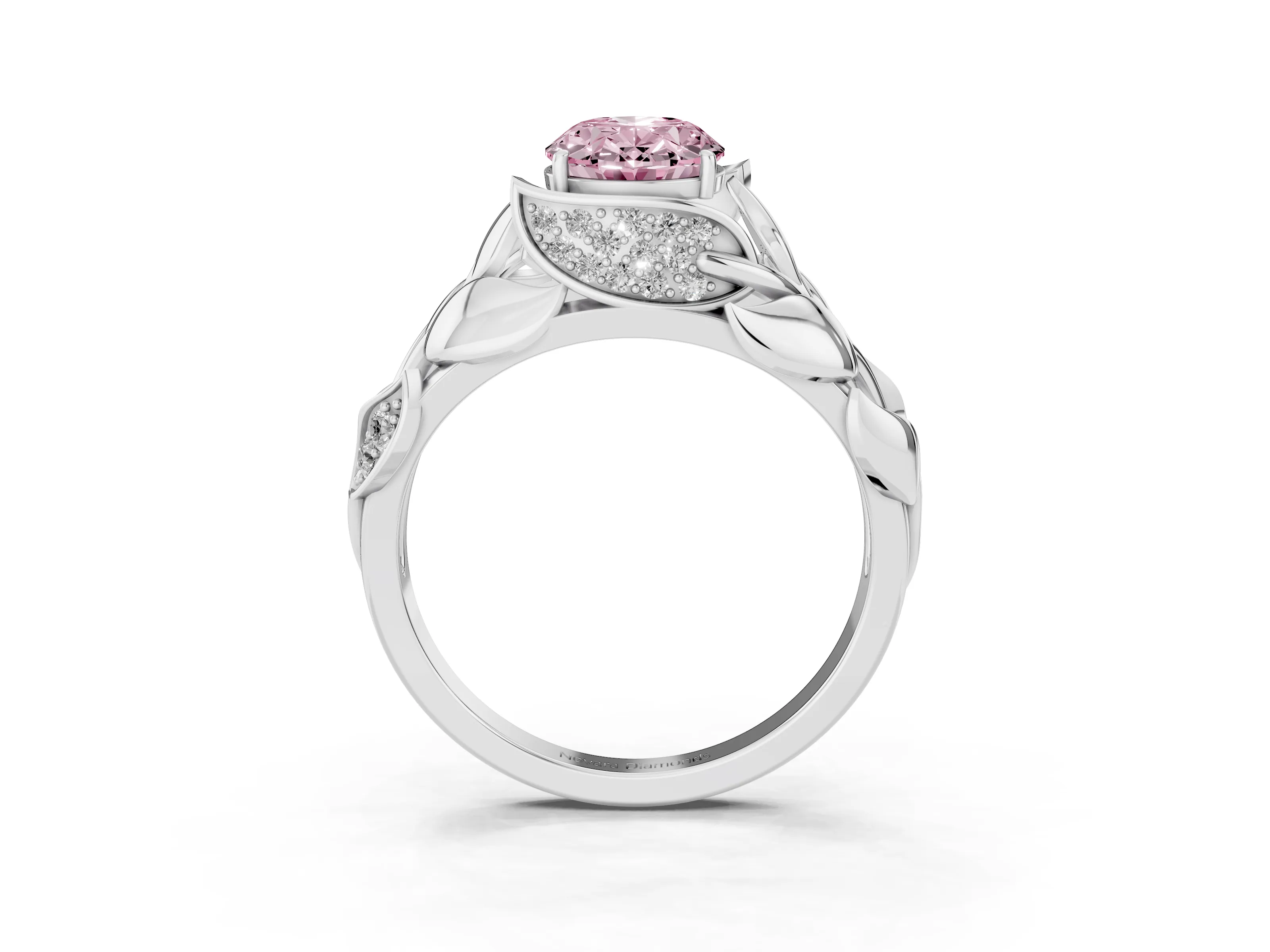 Fancy Pink Oval Cut Diamond Leaf-Inspired Engagement Ring Set in Platinum with Round Accents