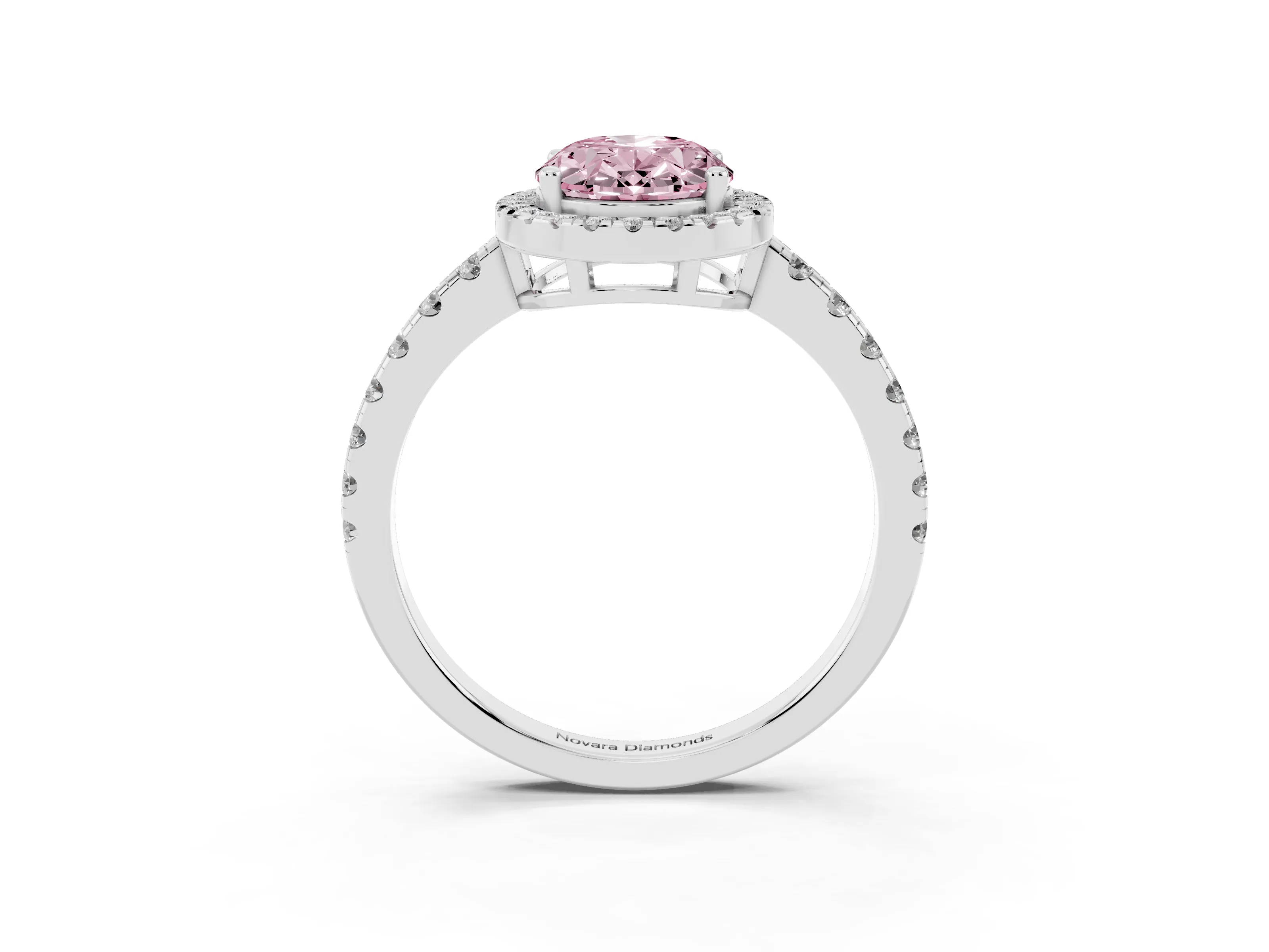 Fancy Pink Oval Cut Diamond Halo Ring Set in Platinum with Delicate Pavé Band and Prong Setting