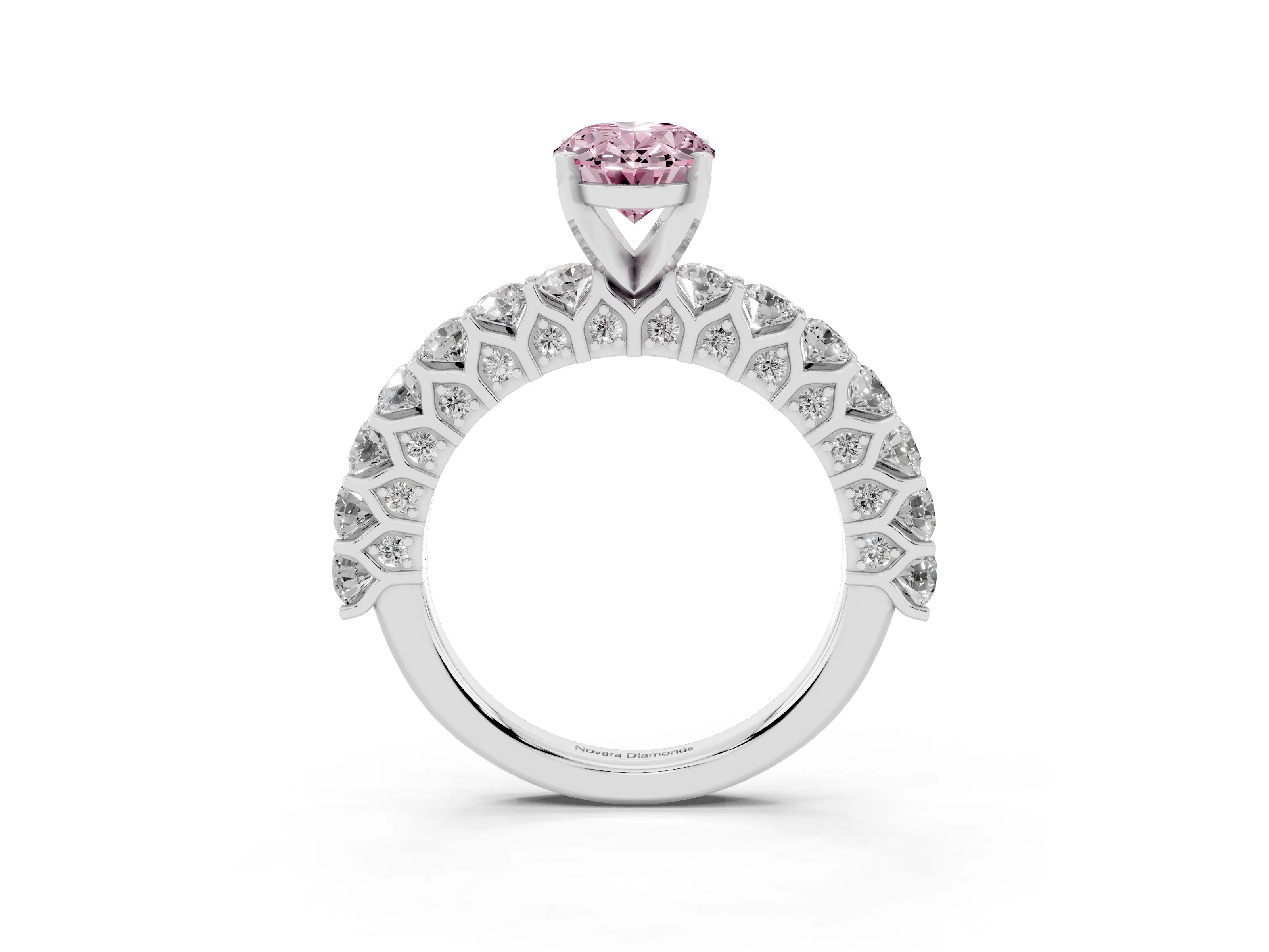 Fancy Pink Oval Cut Diamond Solitaire Ring Set in Silver with Shared Prong Pavé Band