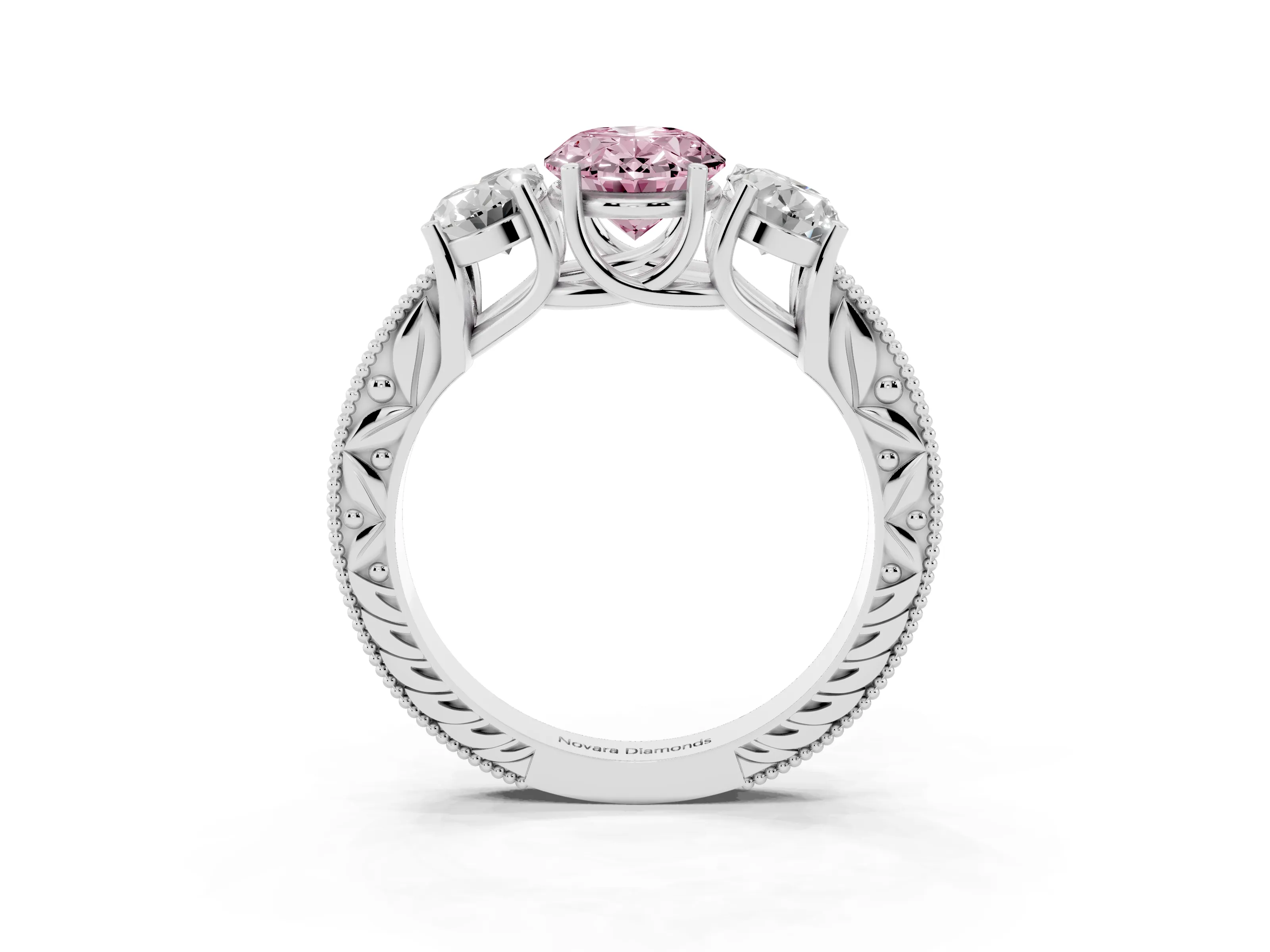 Fancy Pink Oval Cut Diamond Three-Stone Engagement Ring Set in Silver with Milgrain Pavé Band
