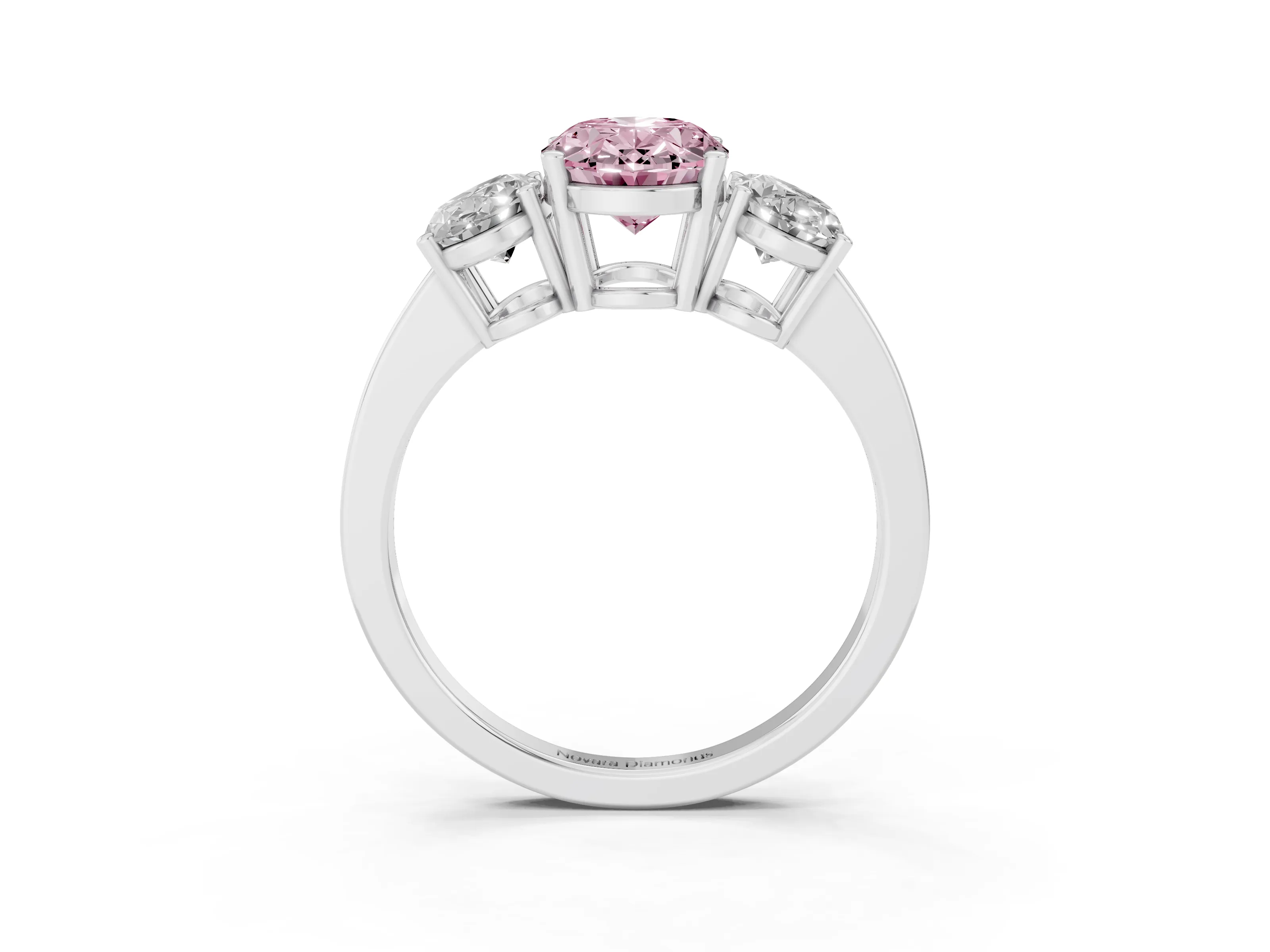 Fancy Pink Oval Cut Diamond Three-Stone Engagement Ring Set in Silver with Flat Band