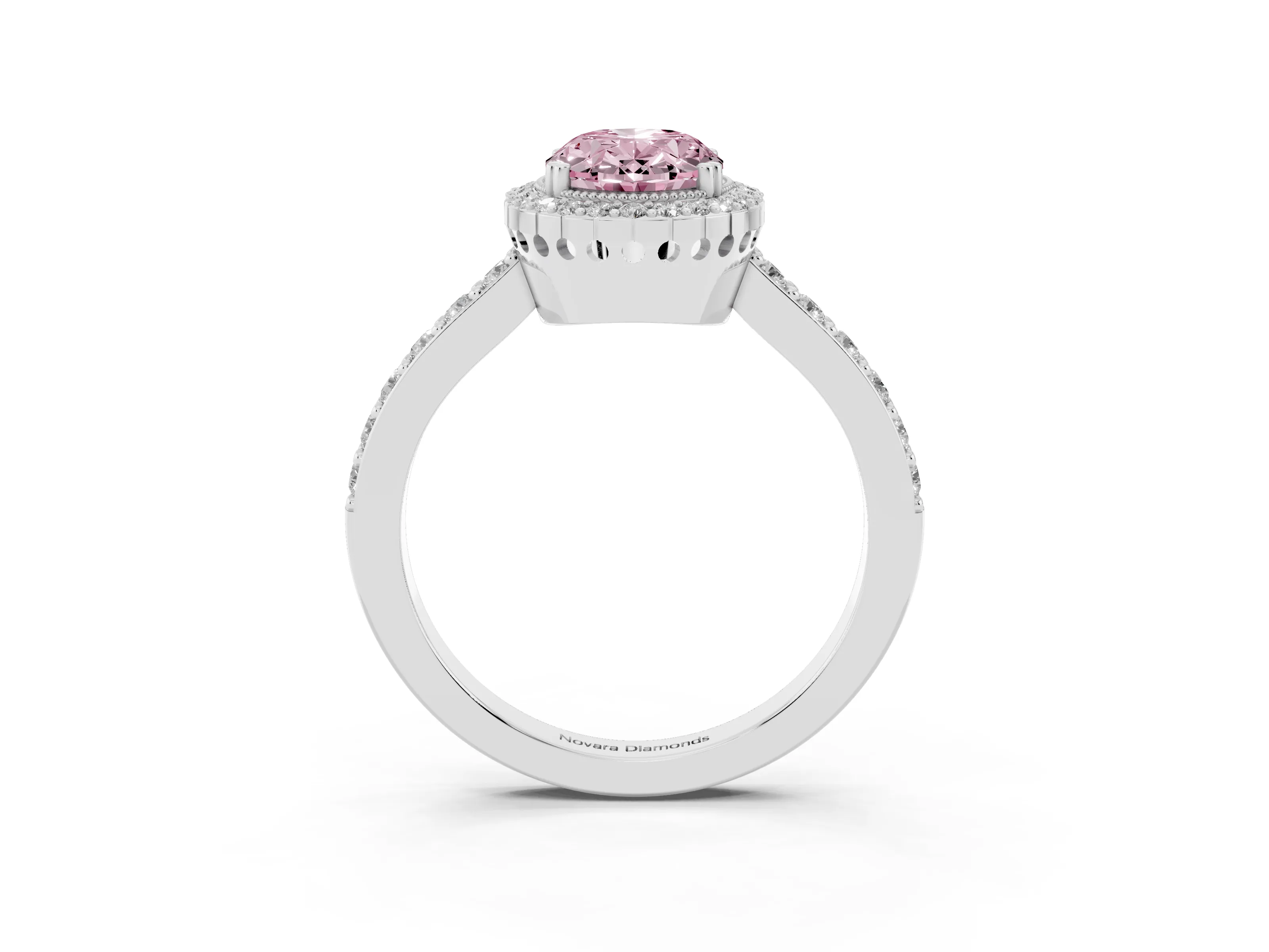 Fancy Pink Oval Cut Diamond Halo Engagement Ring Set in Platinum with Milgrain Detail and Pavé Band