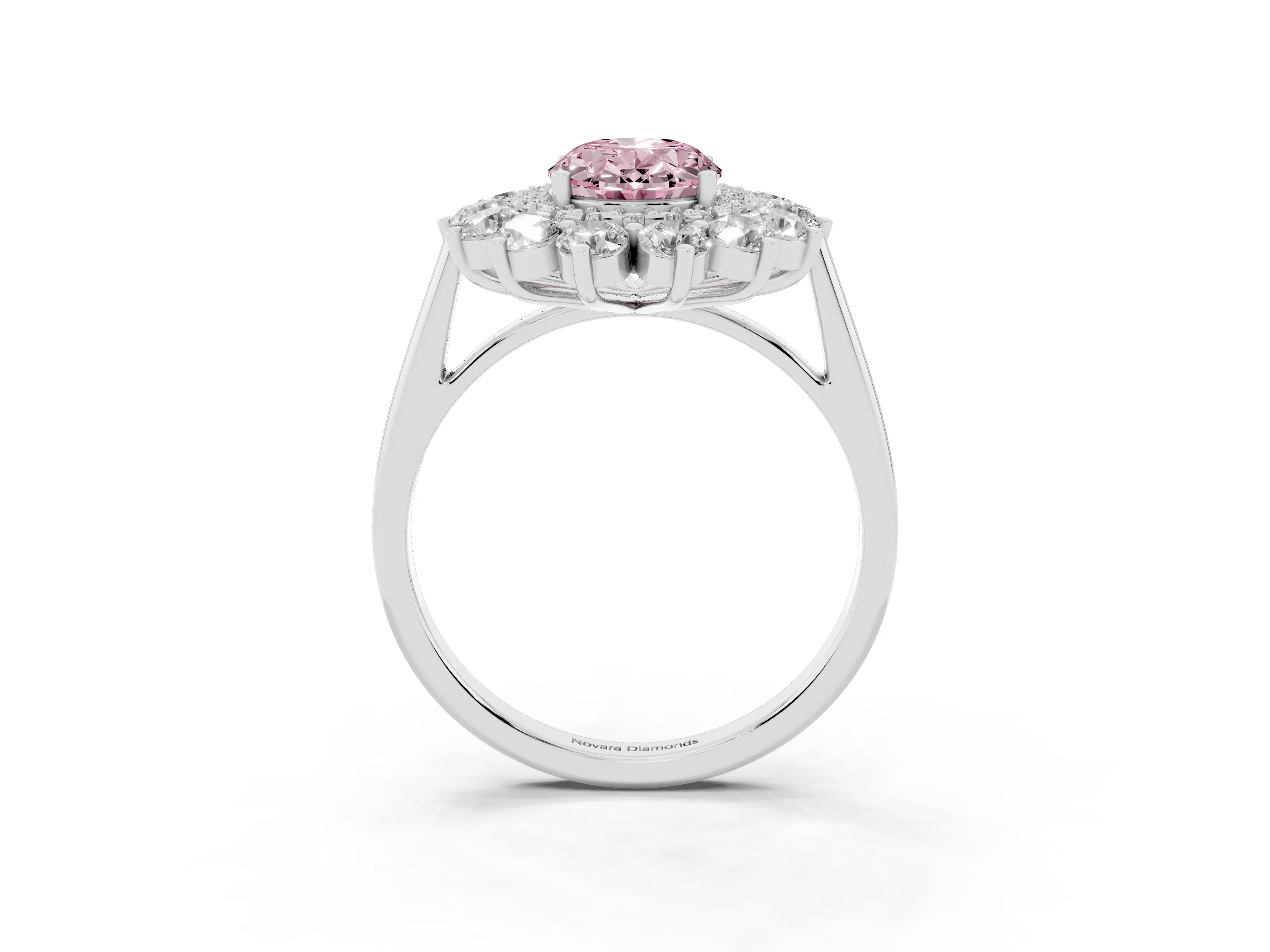 Fancy Pink Oval Cut Diamond Floral Double Halo Ring Set in Platinum with Round Petals