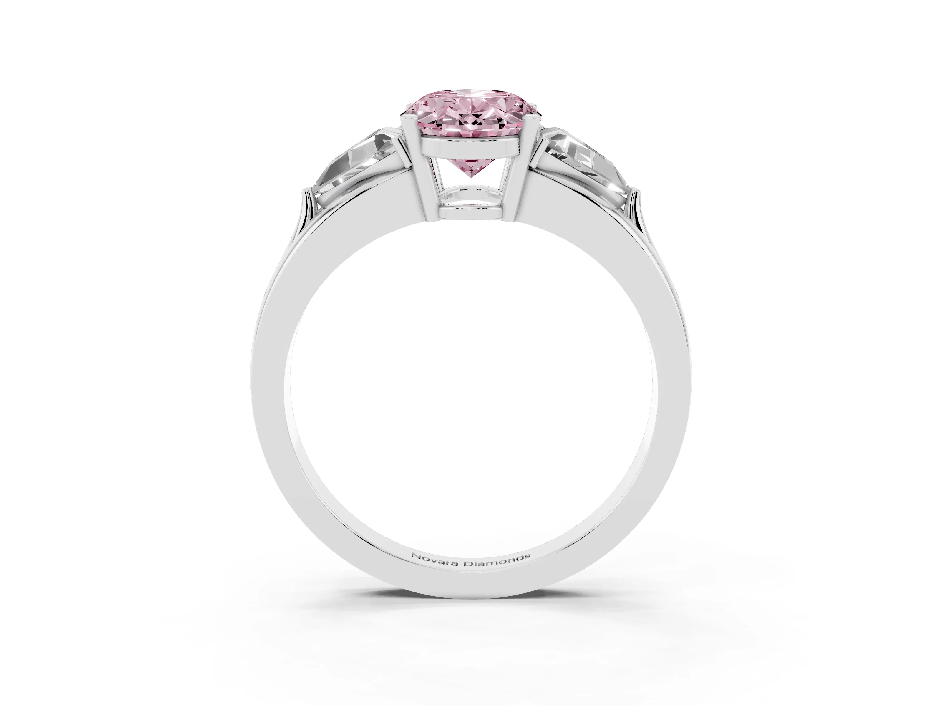 Fancy Pink Oval Cut Diamond Three-Stone Ring Set in White gold with Trillion Side Stones and Split Shank