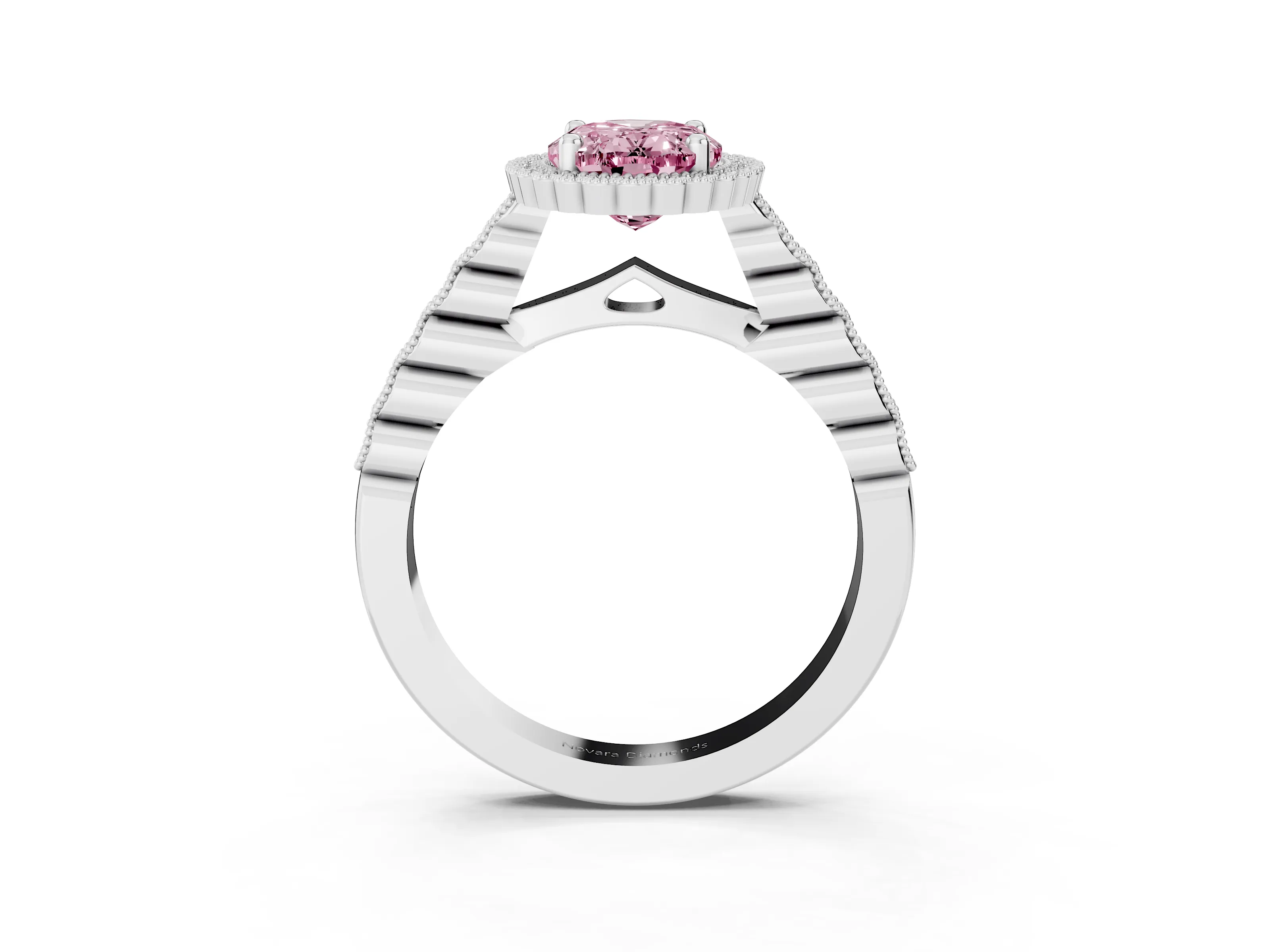 Fancy Pink Oval Cut Diamond Halo Ring Set in Silver with Pavé Milgrain Band