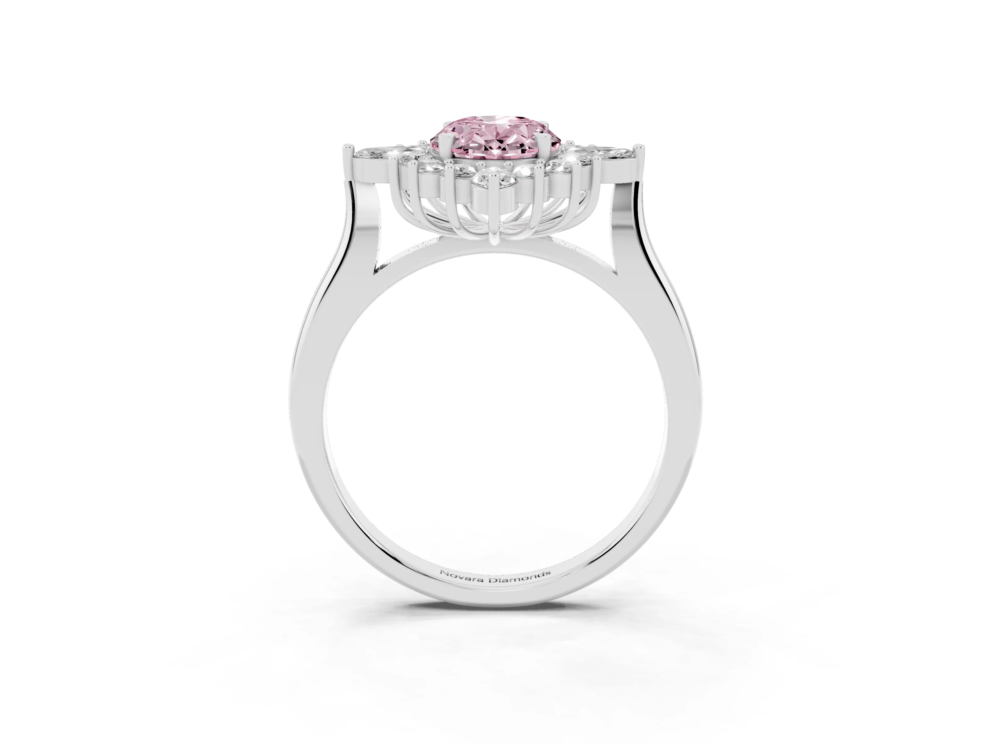Fancy Pink Oval Cut Diamond Cluster Halo Ring Set in White gold with Marquise and Round Accents