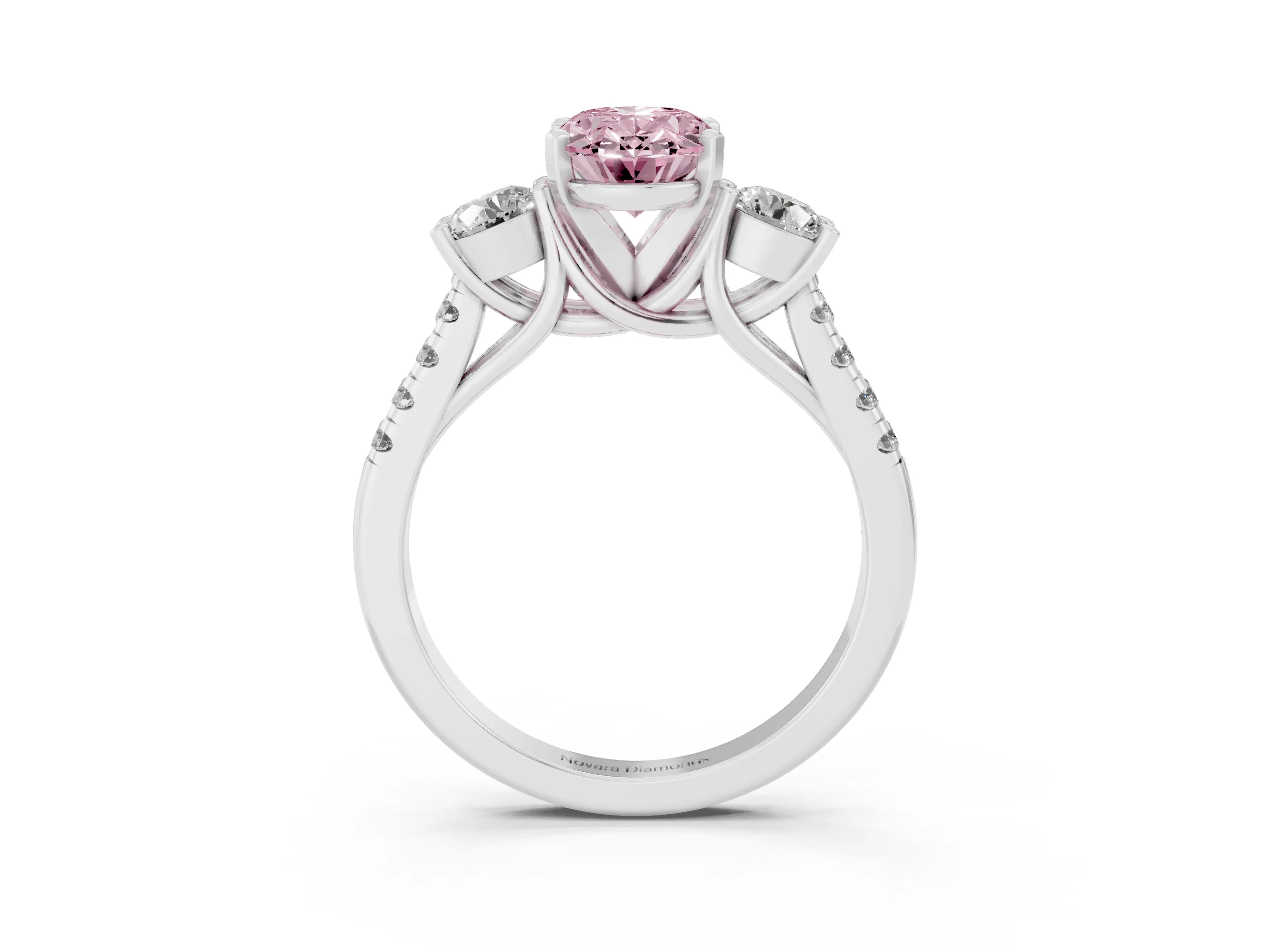 Fancy Pink Three-Stone Oval Cut Diamond Pavé Band Ring Set in White gold with Prong-Set Trio