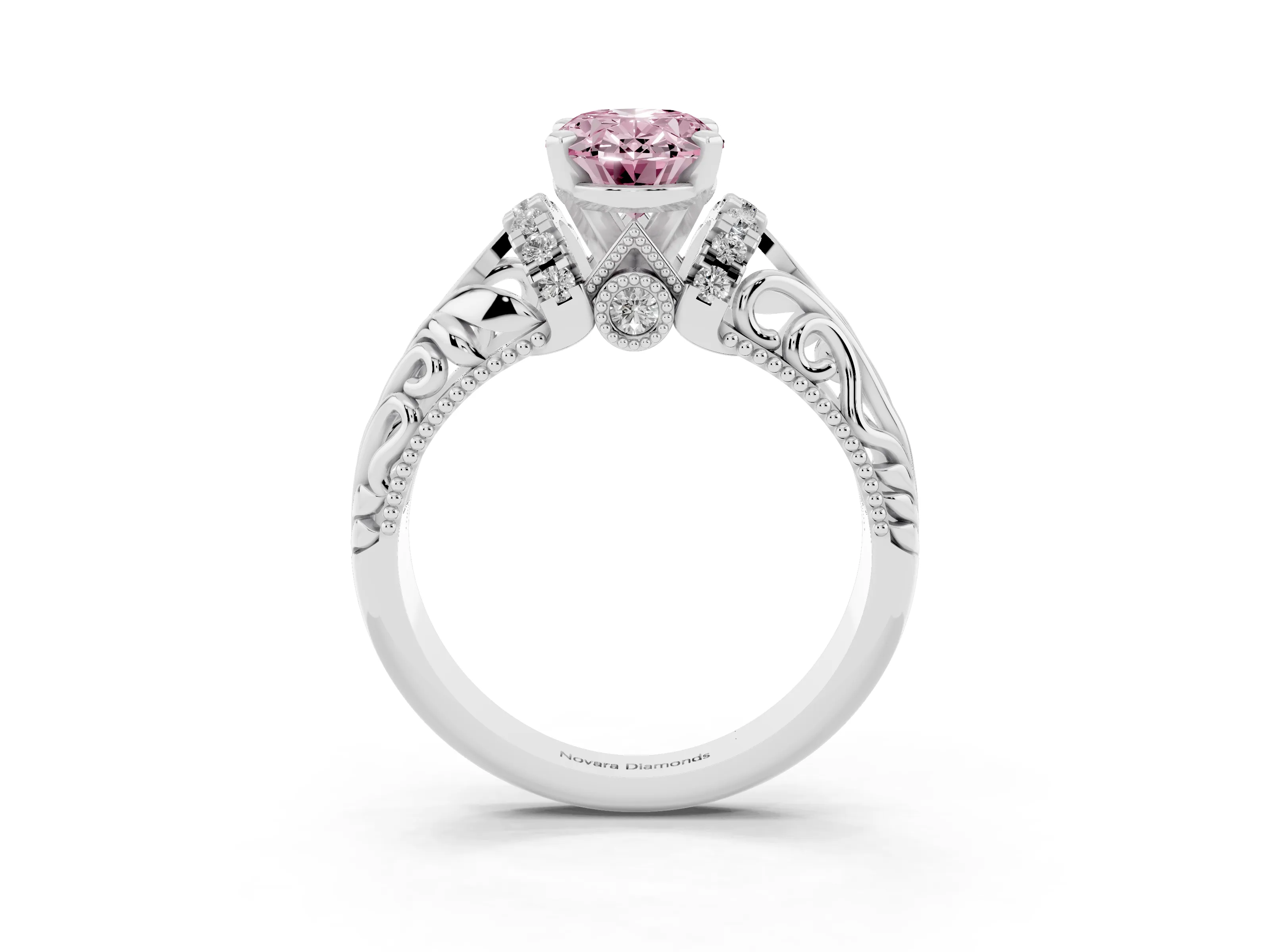 Fancy Pink Oval Cut Diamond Filigree Halo Engagement Ring Set in Platinum with Prong Setting