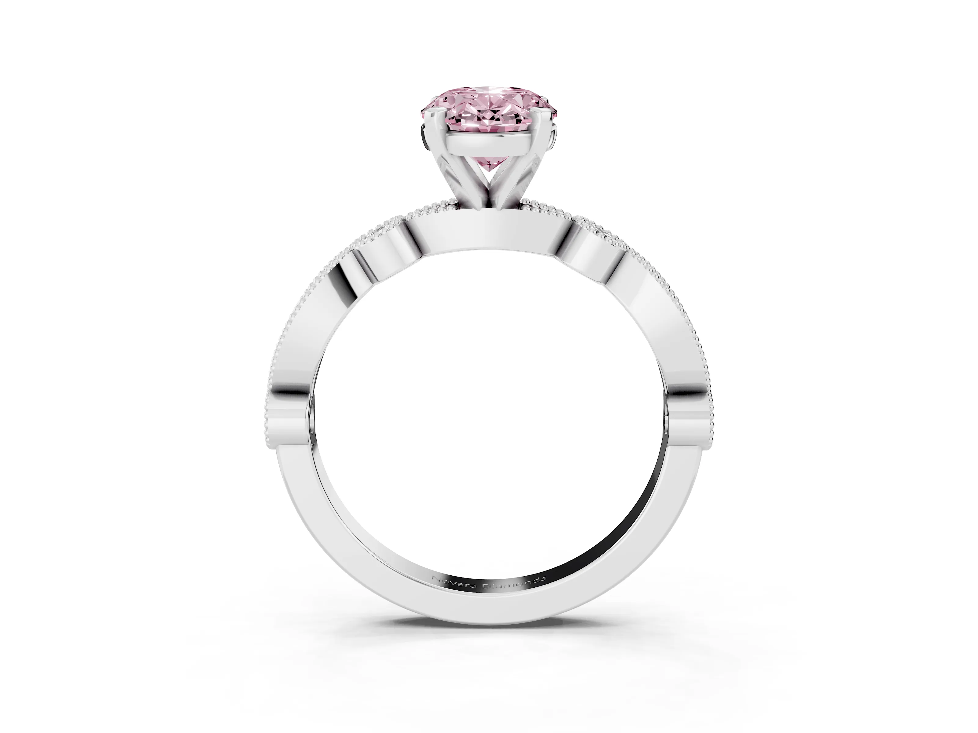 Fancy Pink Oval Cut Diamond Solitaire Engagement Ring Set in Platinum with Milgrain Bezel Accent Band