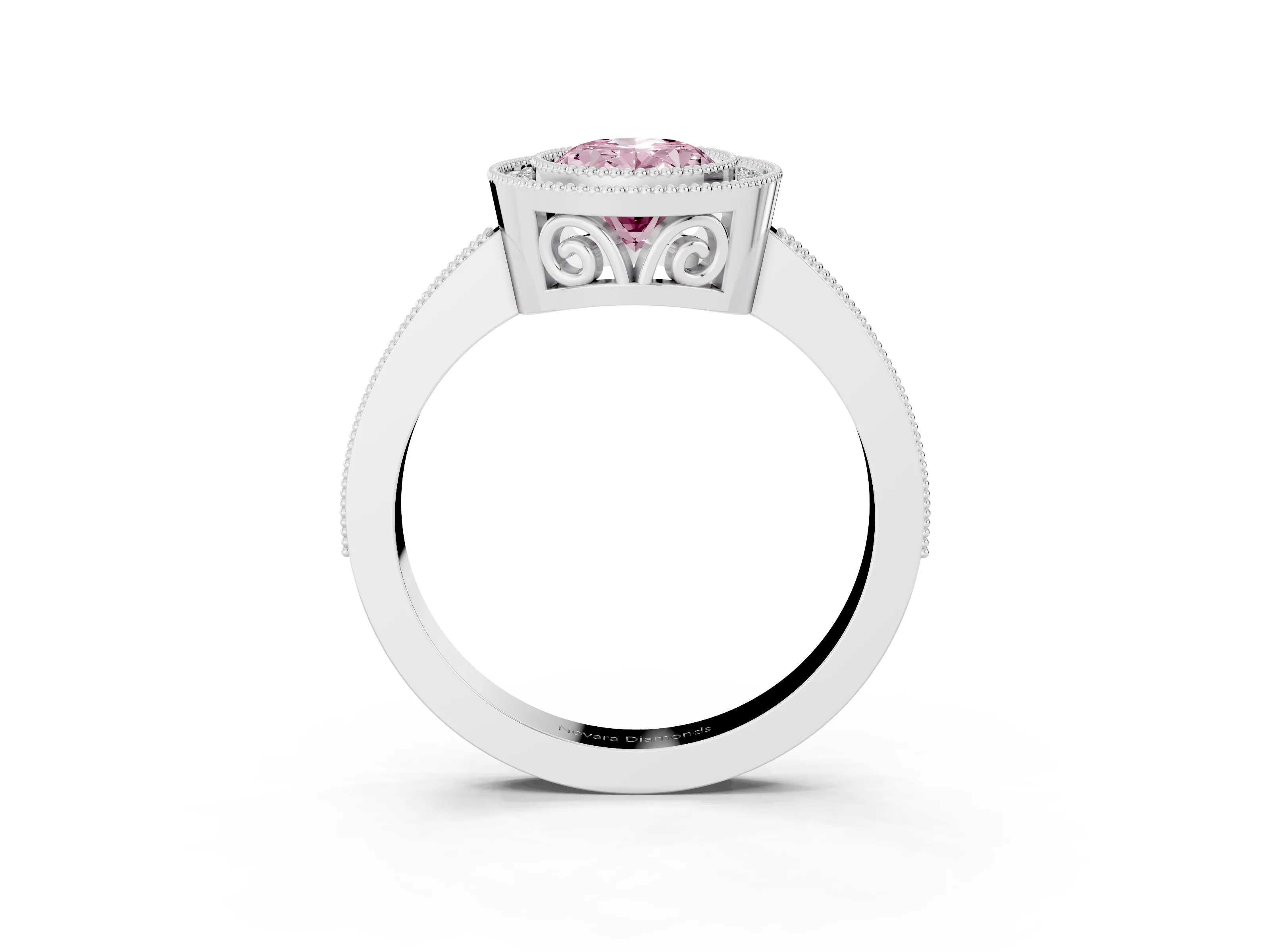 Fancy Pink Oval Cut Diamond Halo Ring Set in Platinum with Pavé Band and Milgrain-Edged Prongs