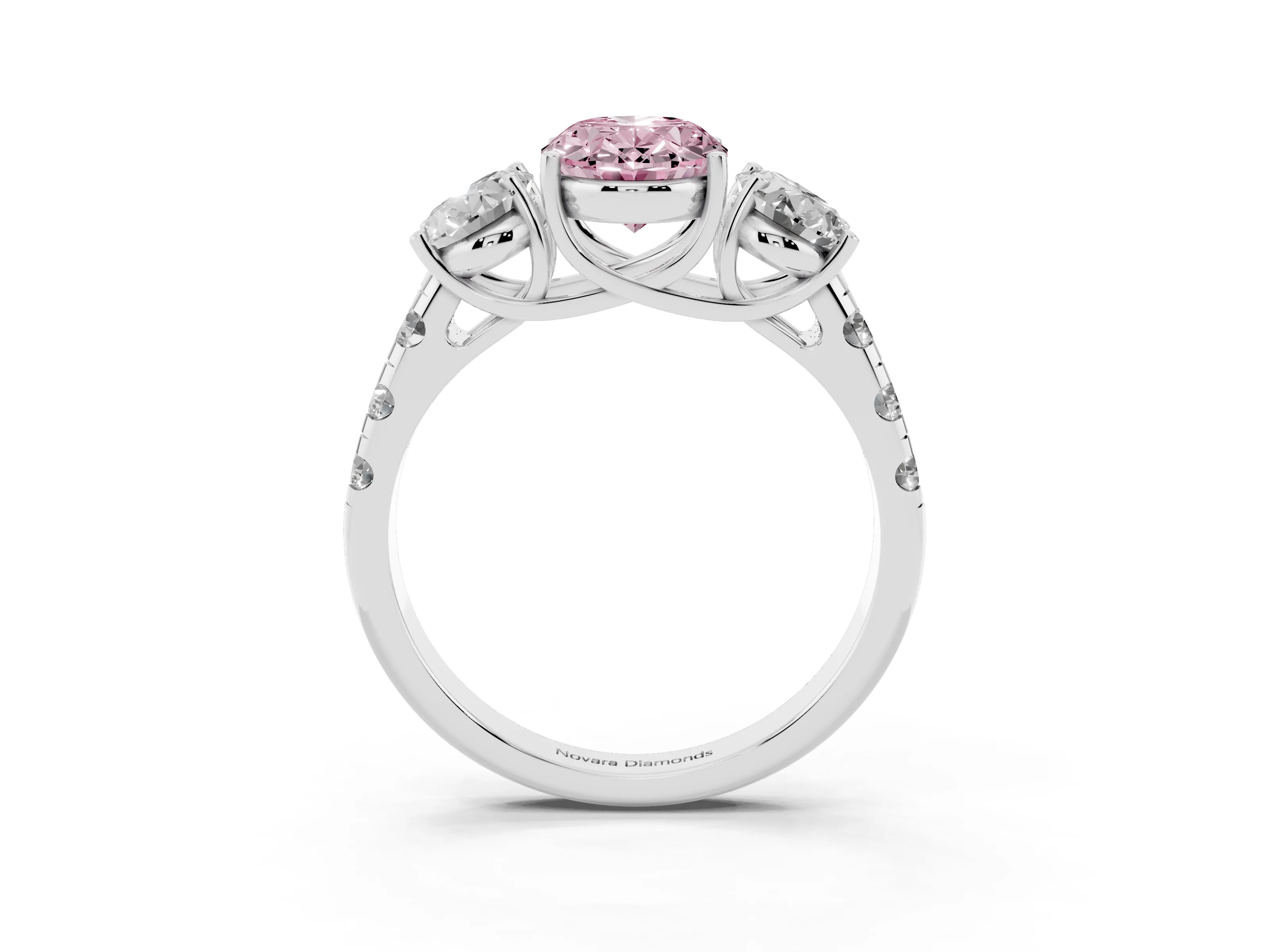Fancy Pink Oval Cut Diamond Three-Stone Ring Set in Silver with Pavé Band