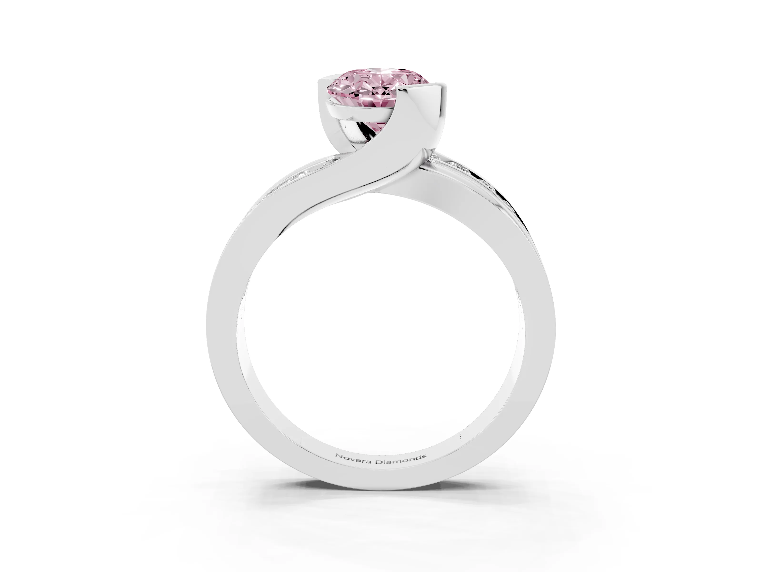 Fancy Pink Oval Cut Diamond Solitaire Ring Set in Platinum with Channel Set Split Shank and Tension Prongs