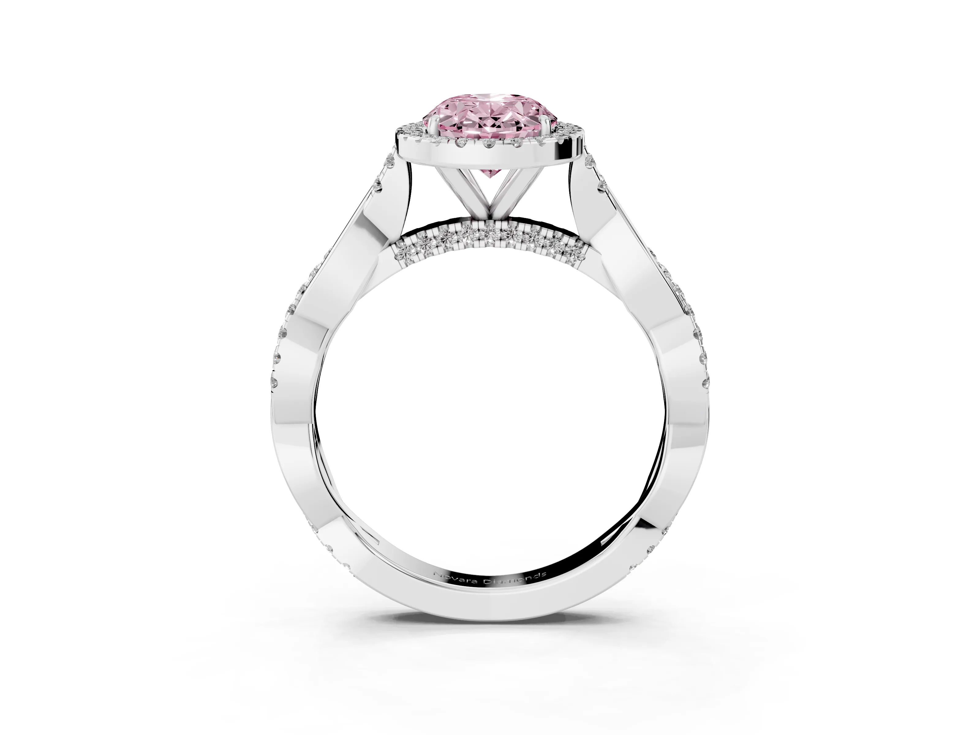 Fancy Pink Oval Cut Diamond Halo Twist Band Solitaire Ring Set in Silver with Prong Setting