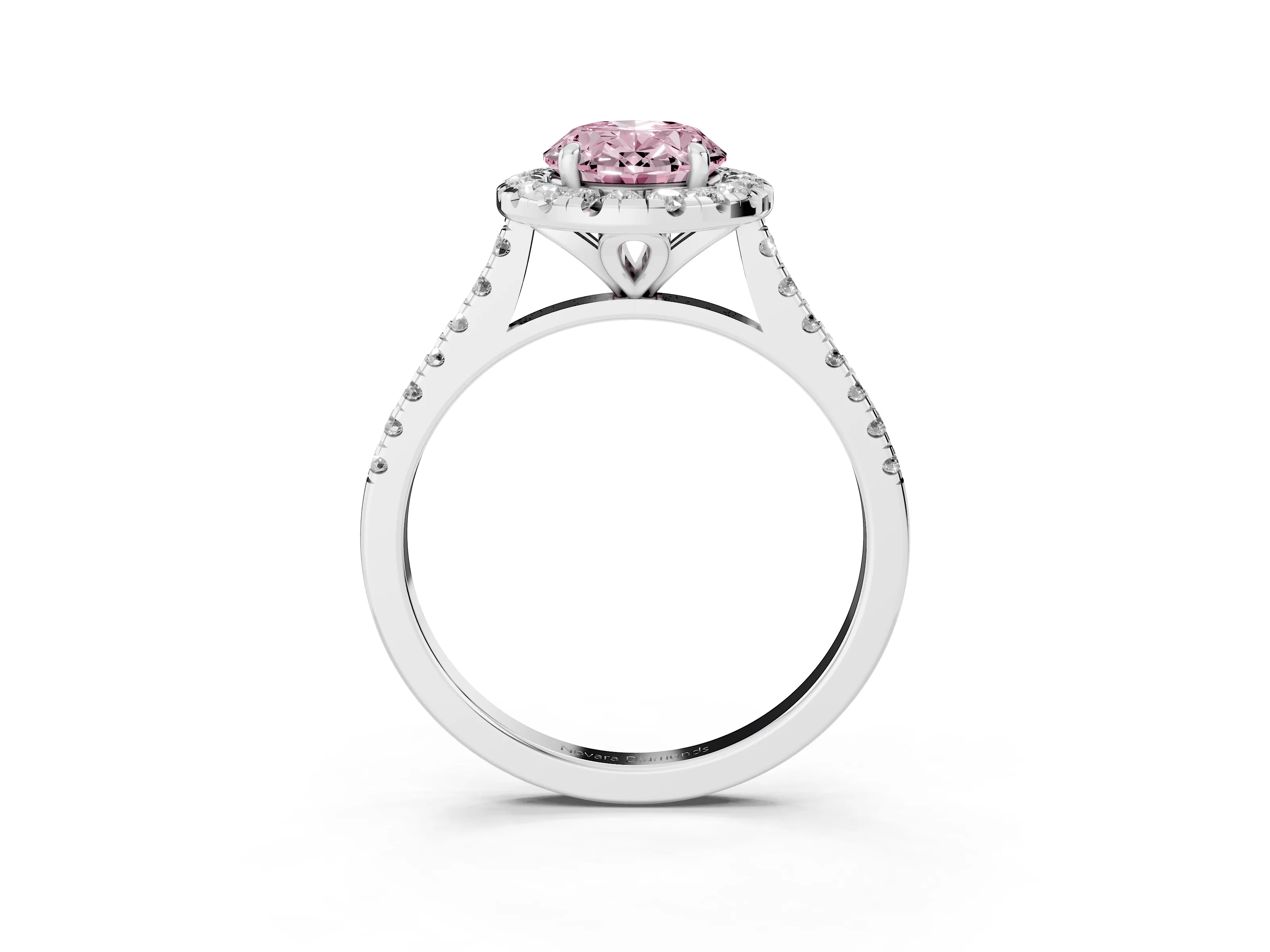 Fancy Pink Oval Cut Diamond Cushion Halo Ring Set in White gold with Pavé Band