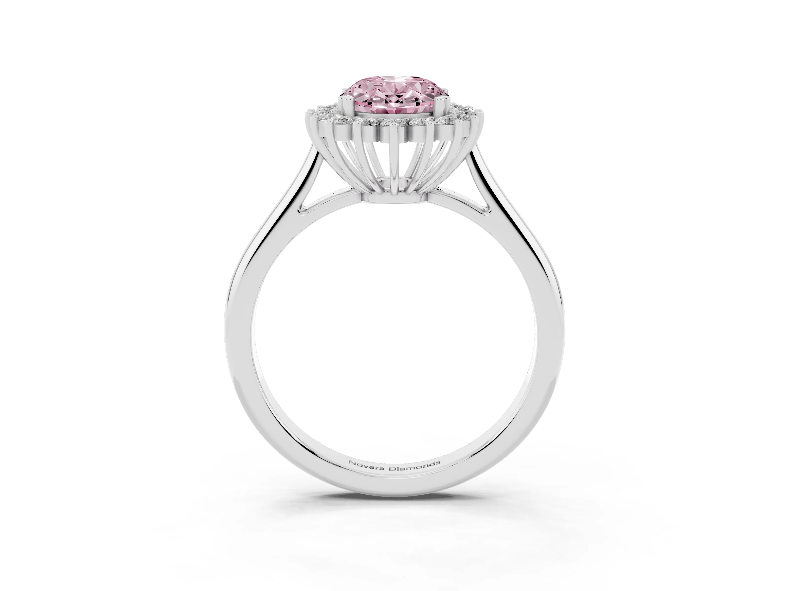 Fancy Pink Oval Cut Diamond Halo Ring Set in White gold with Plain Solitaire Band and Prong Setting