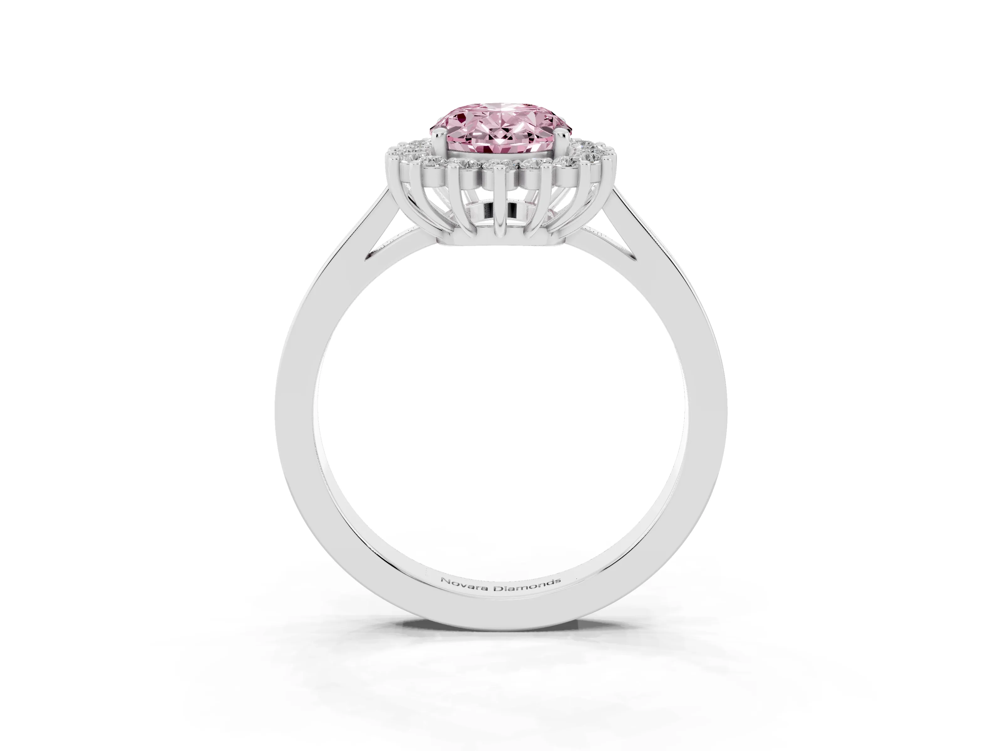 Fancy Pink Oval Cut Diamond Halo Ring Set in White gold with Round Halo and Smooth Solitaire Band