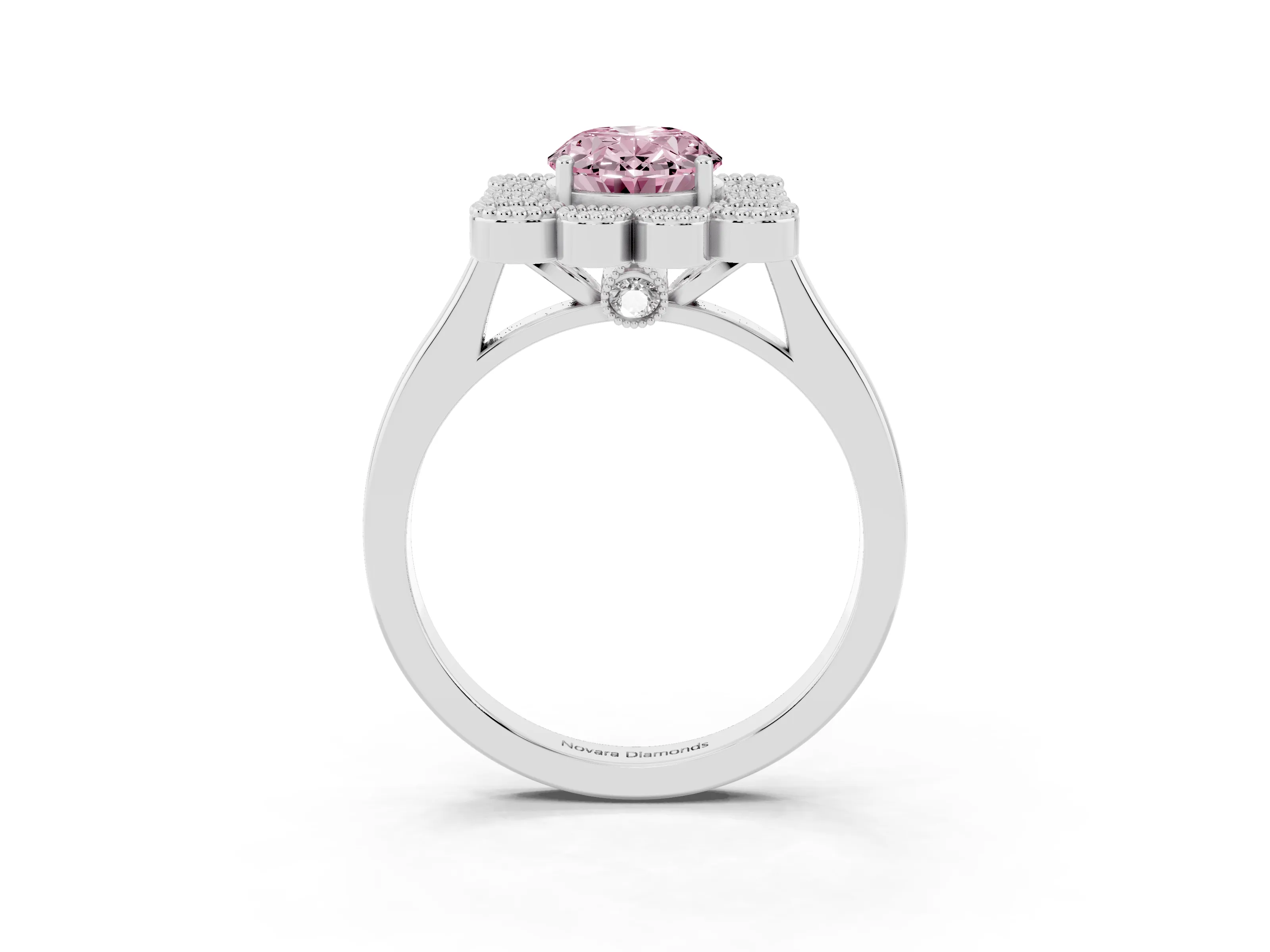 Fancy Pink Oval Cut Diamond Cluster Halo Ring Set in White gold with Milgrain Bezel Accents and Plain Band