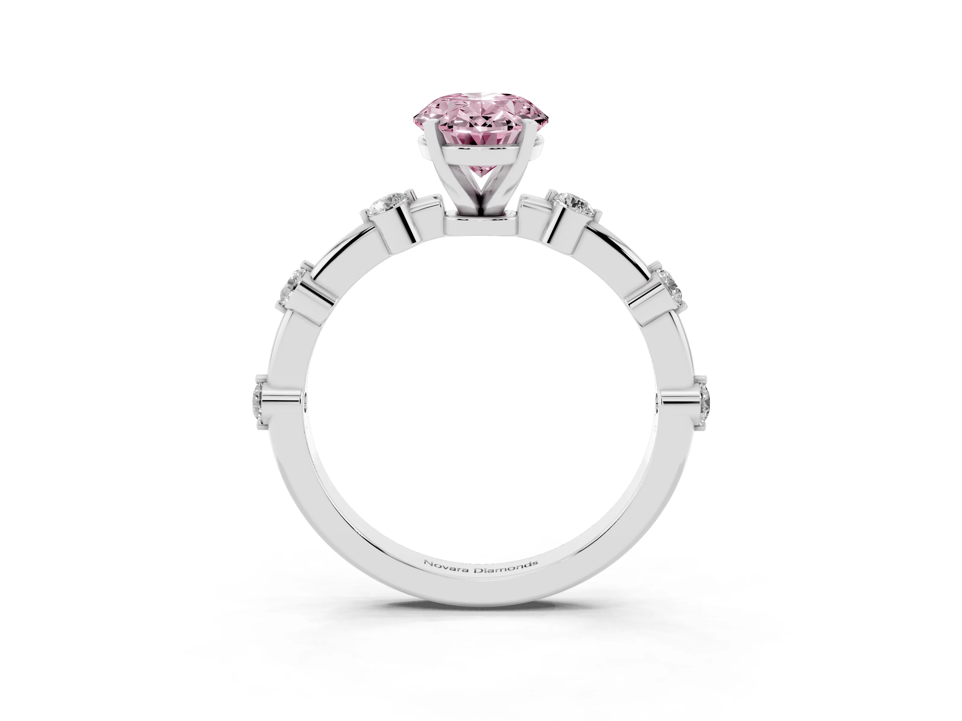 Fancy Pink Oval Cut Diamond Solitaire Ring Set in Silver with Bezel Set Side Stones and Prong Setting