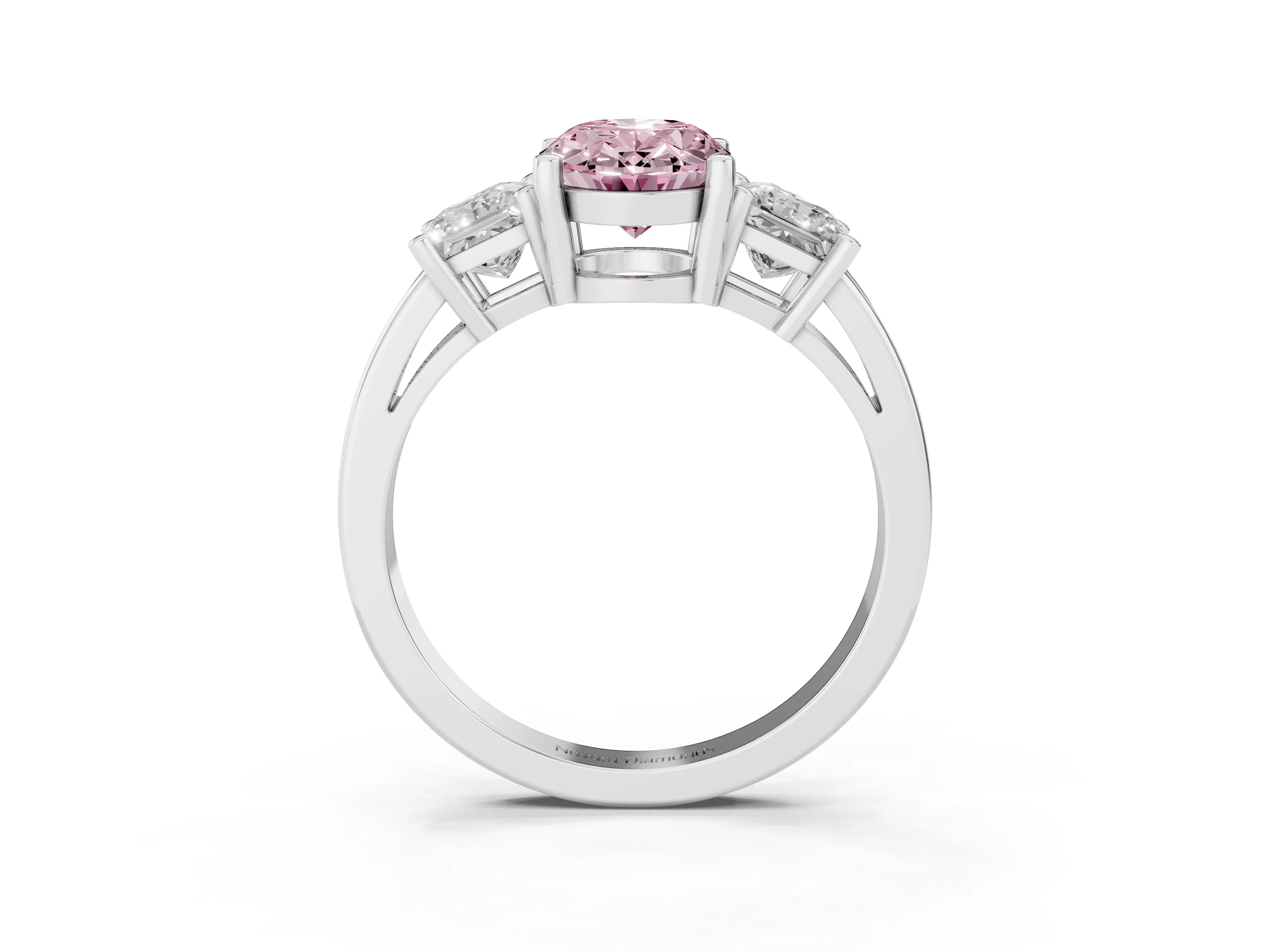 Fancy Pink Three-Stone Oval Cut Diamond Solitaire Ring Set in Platinum with Prong Setting