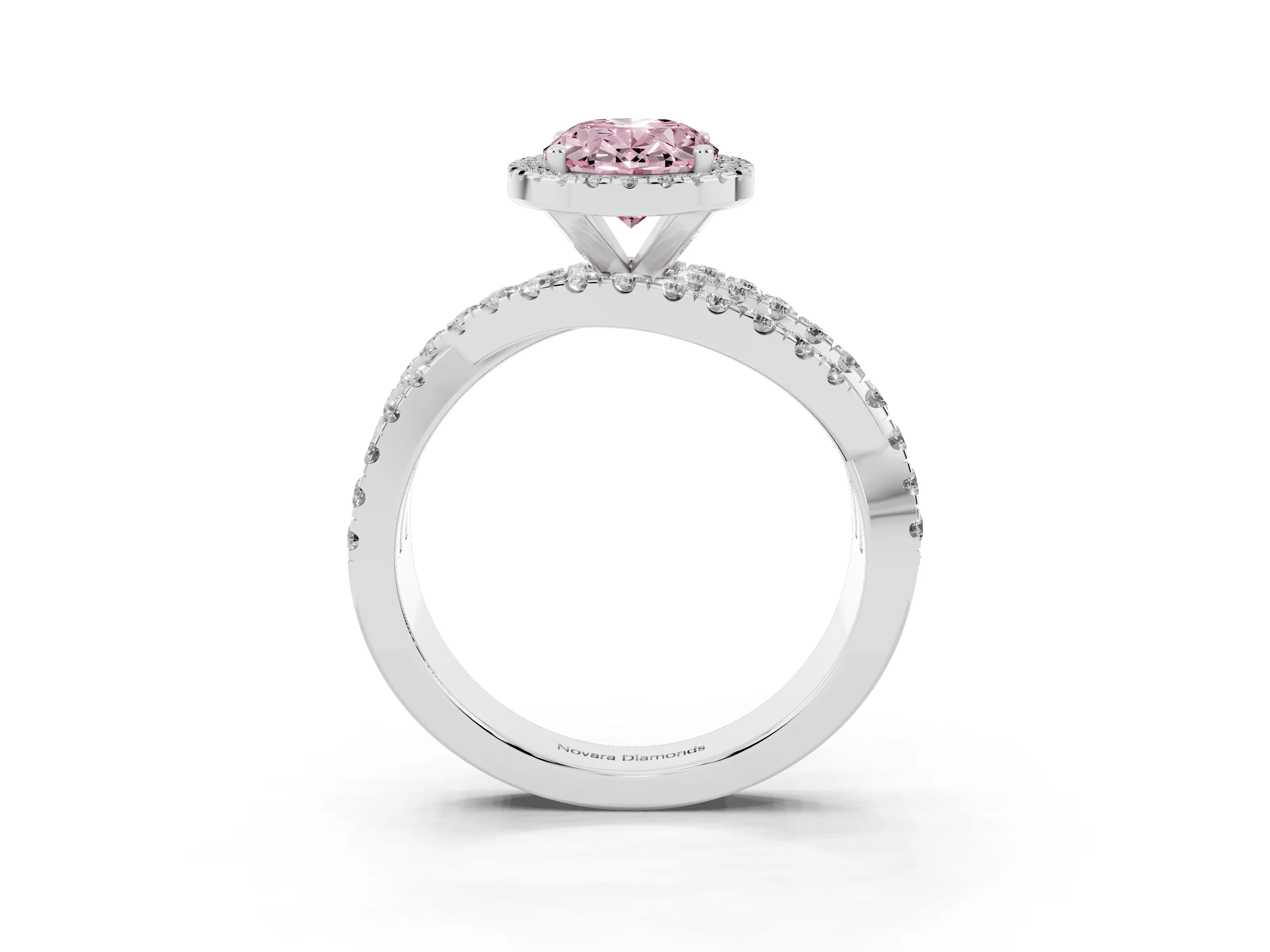 Fancy Pink Oval Cut Diamond Halo Ring Set in Platinum with Round Crossover Split Shank and Prong Setting