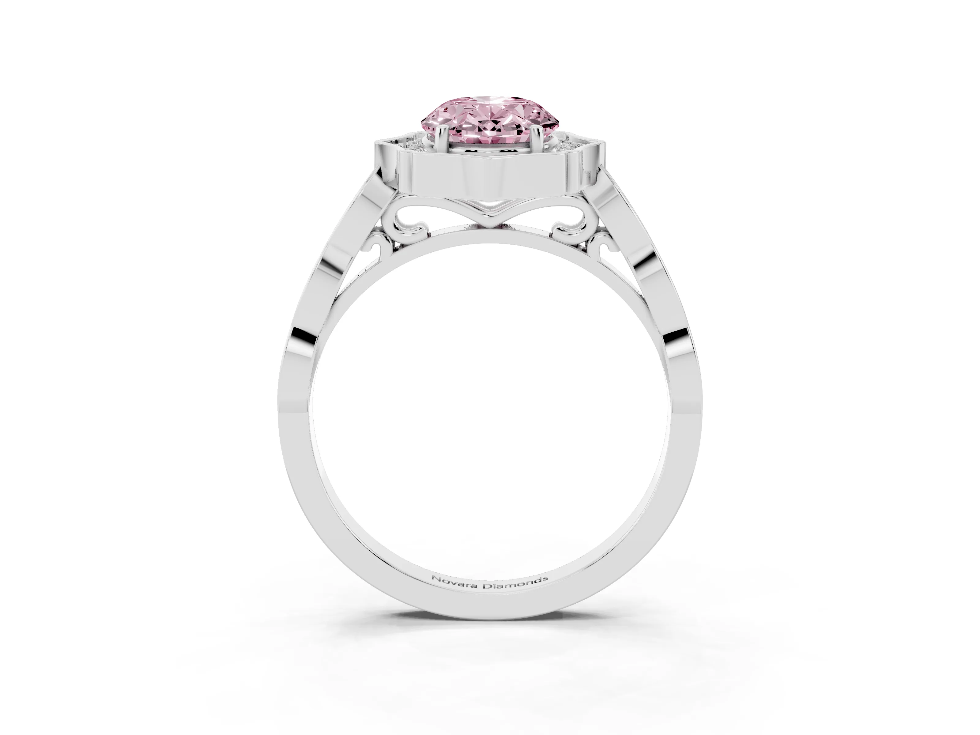 Fancy Pink Oval Cut Diamond Halo Engagement Ring Set in White gold with Milgrain Band and Prong Setting